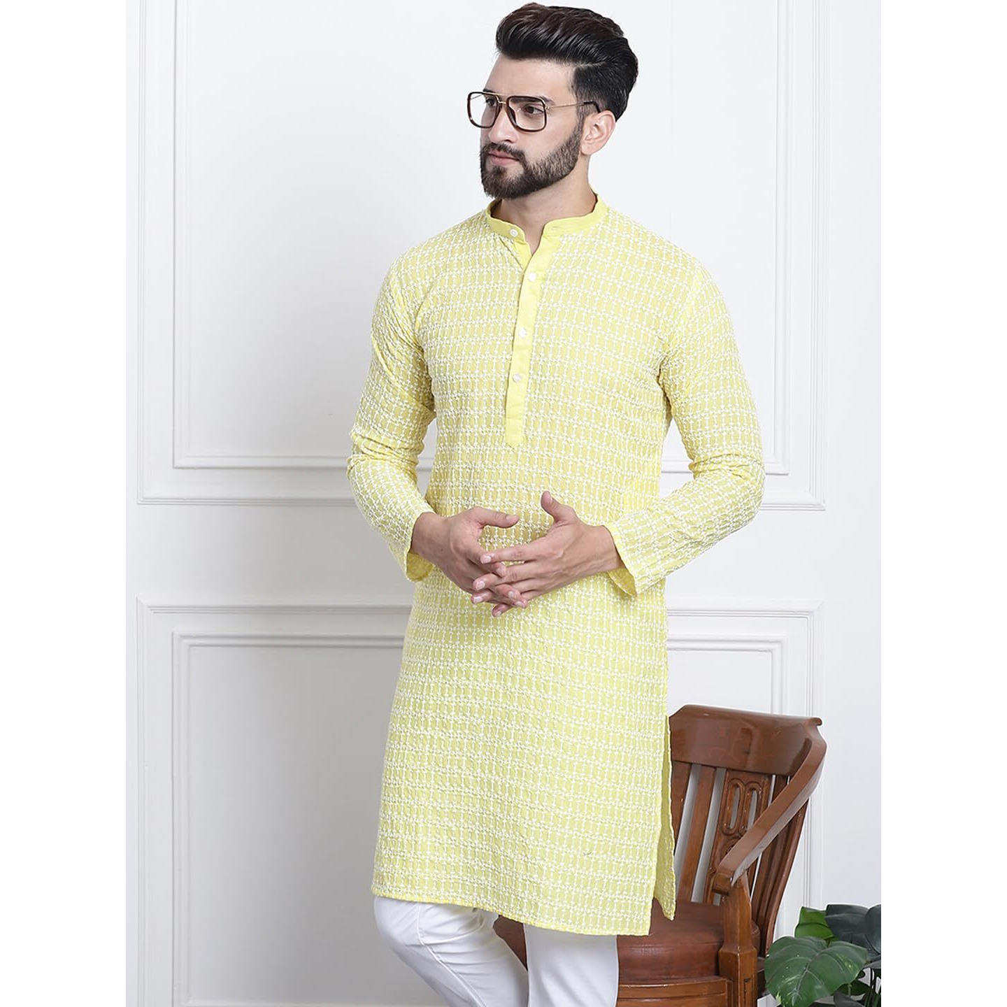 Sojanya (Since 1958 Men's Pure Cotton Yellow With White Embroidery Only Long Kurta