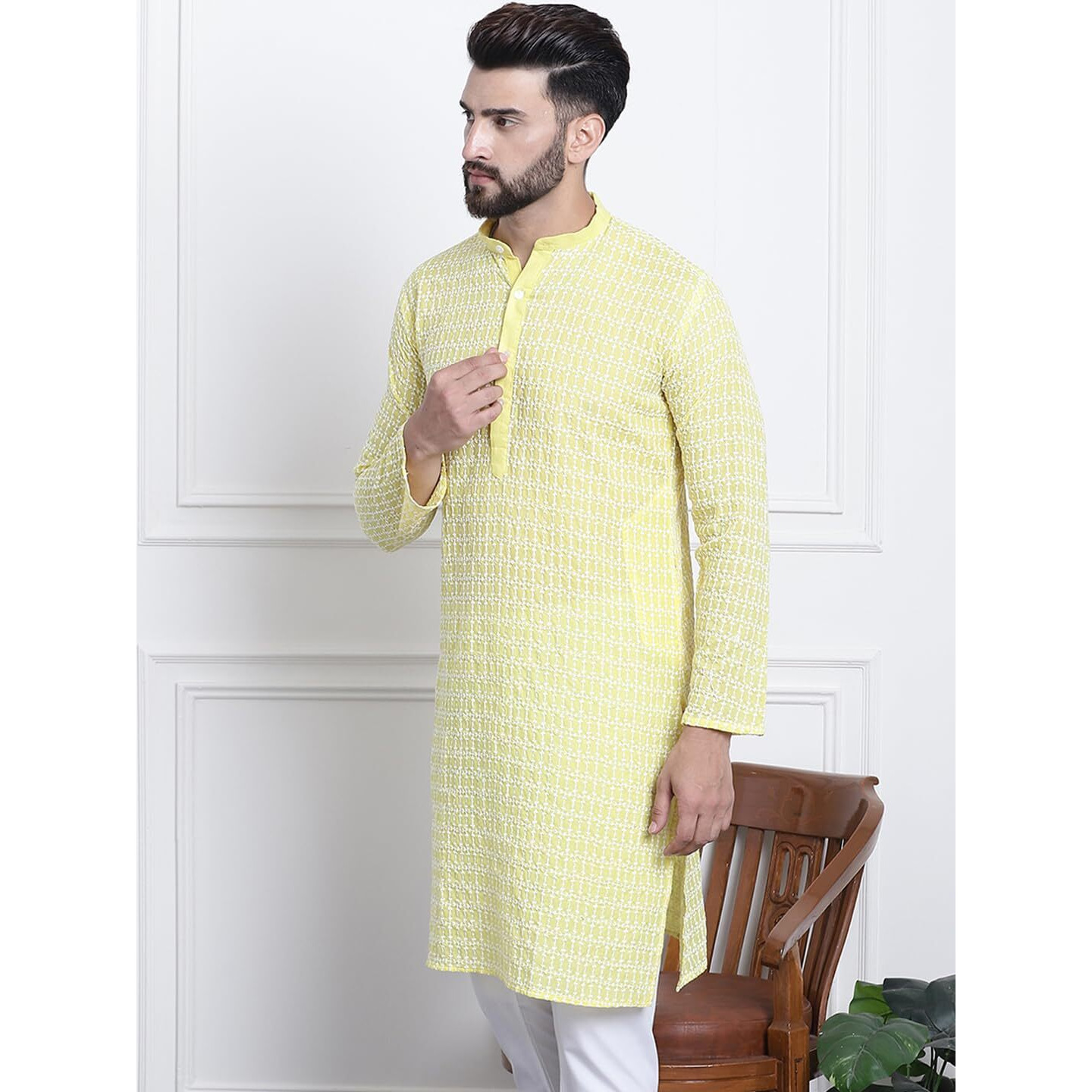 Sojanya (Since 1958 Men's Pure Cotton Yellow With White Embroidery Only Long Kurta