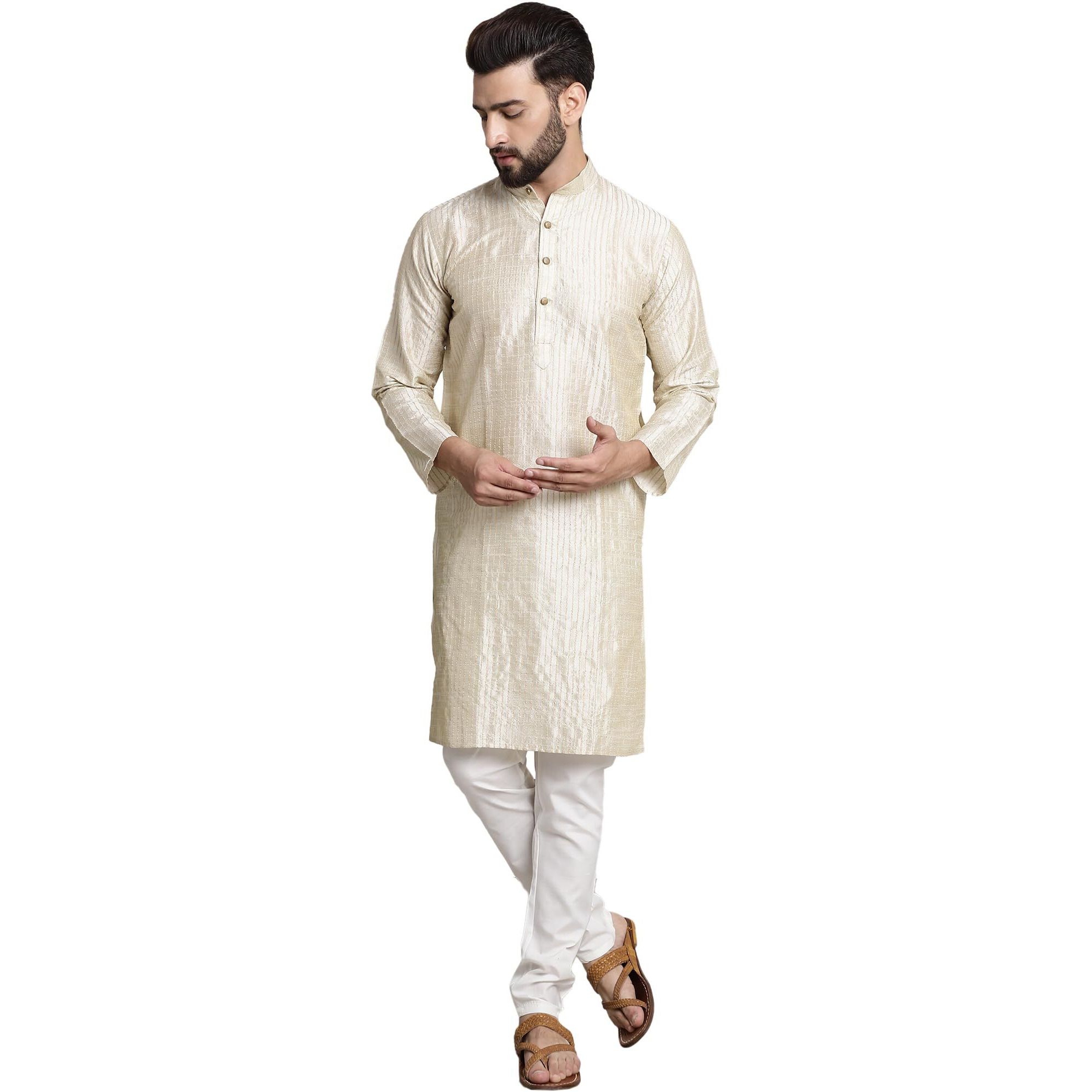 Sojanya (Since 1958 Men's Silk Blend Cream Pintex Kurta And White Churidar Pyjama Set