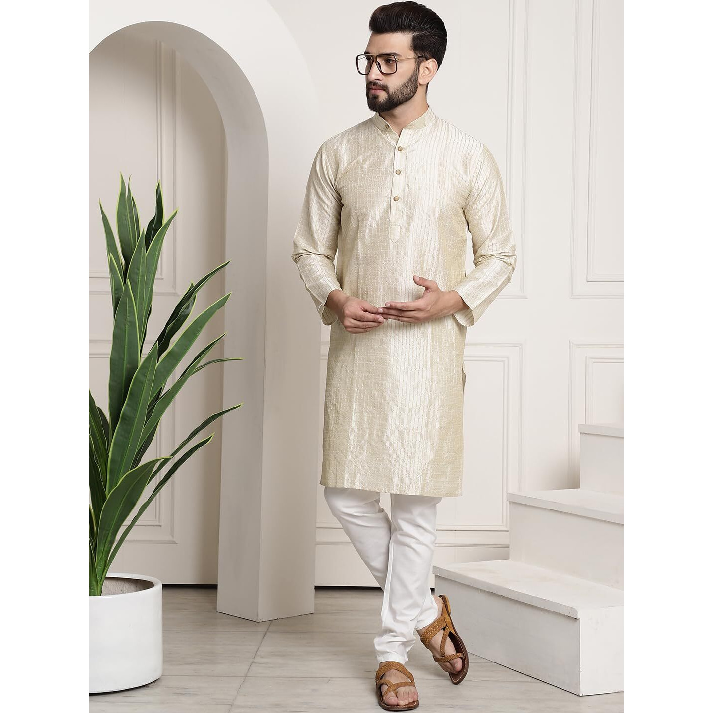 Sojanya (Since 1958 Men's Silk Blend Cream Pintex Kurta And White Churidar Pyjama Set