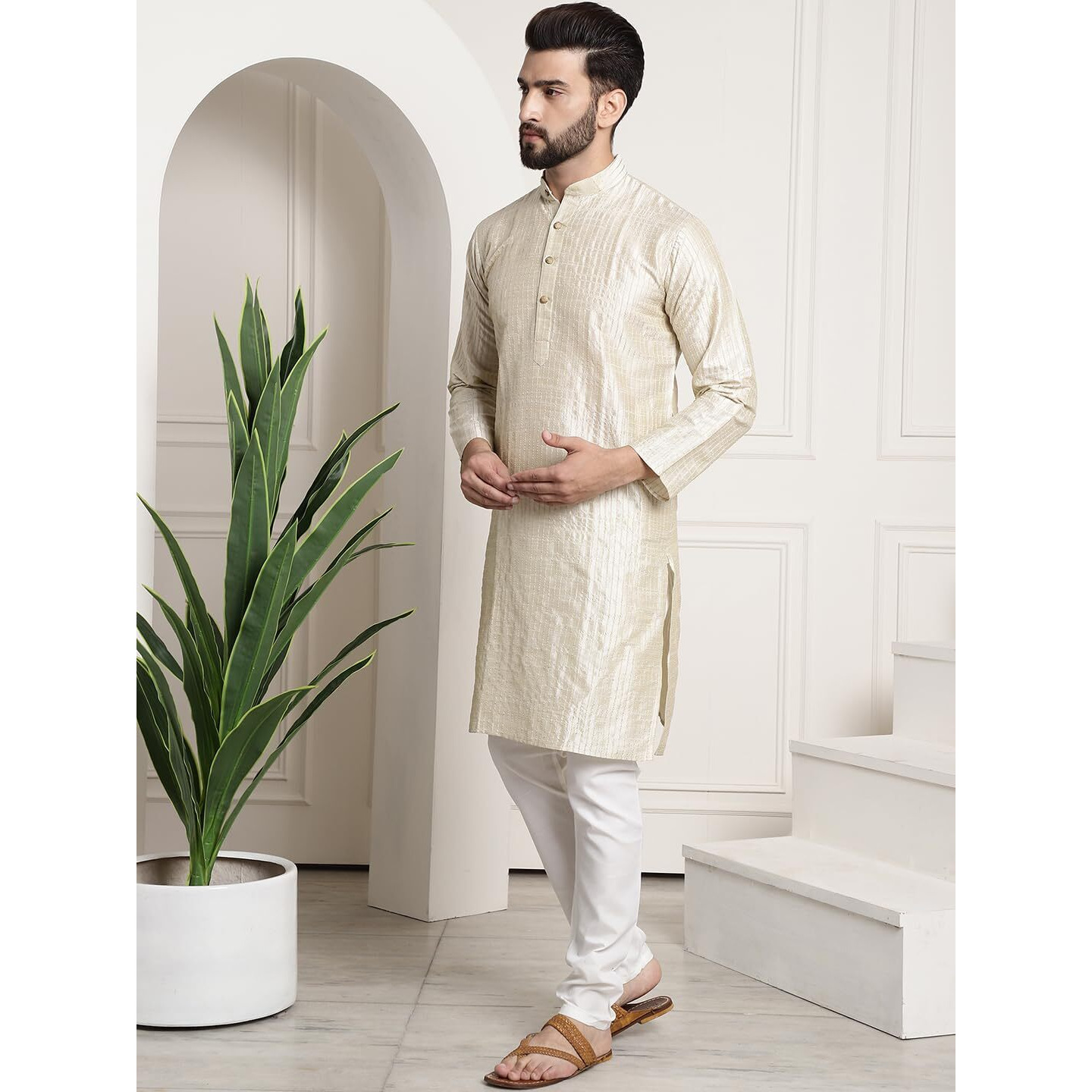 Sojanya (Since 1958 Men's Silk Blend Cream Pintex Kurta And White Churidar Pyjama Set