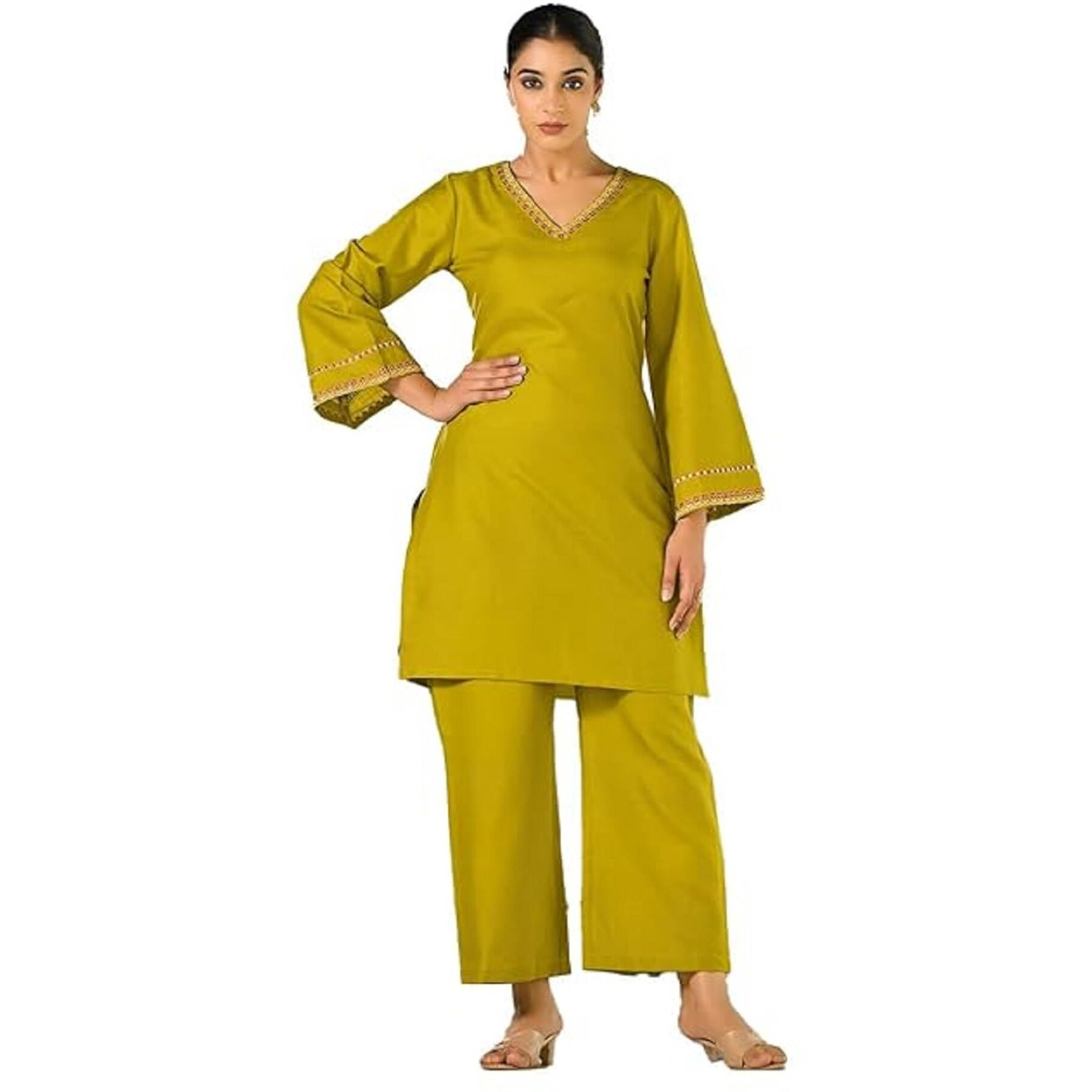 Varanga Women Green Embroidered V-Neck With Flared Sleeves Co-Ord Set  Stylish & Comfortable Ethnic Wear