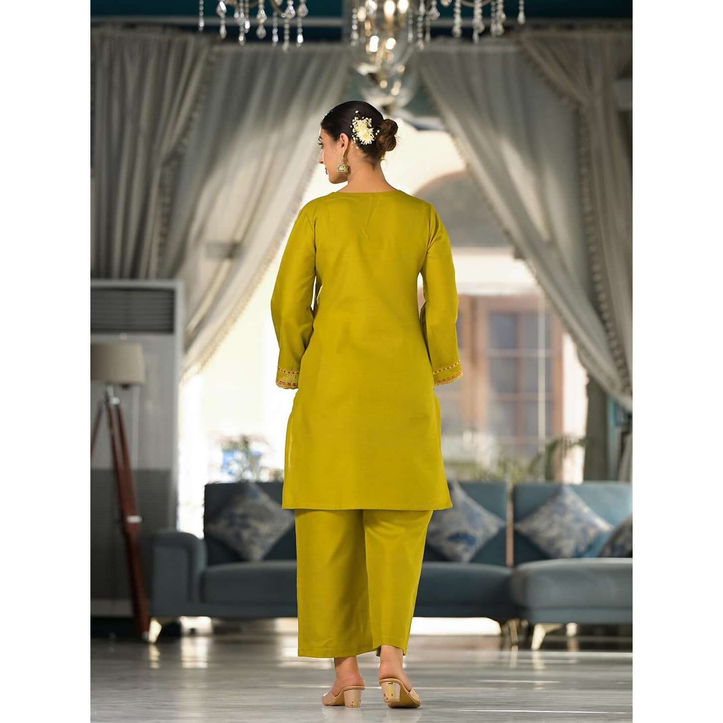 Varanga Women Green Embroidered V-Neck With Flared Sleeves Co-Ord Set  Stylish & Comfortable Ethnic Wear