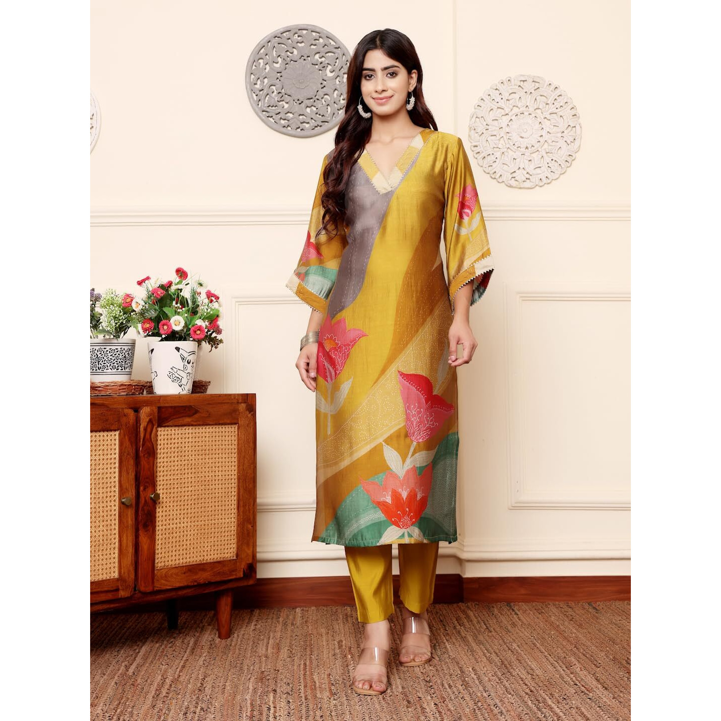 Varanga Women Olive Abstract Printed Gota Lace Detailed Kurta With Solid Trouser  Stylish Ethnic Set