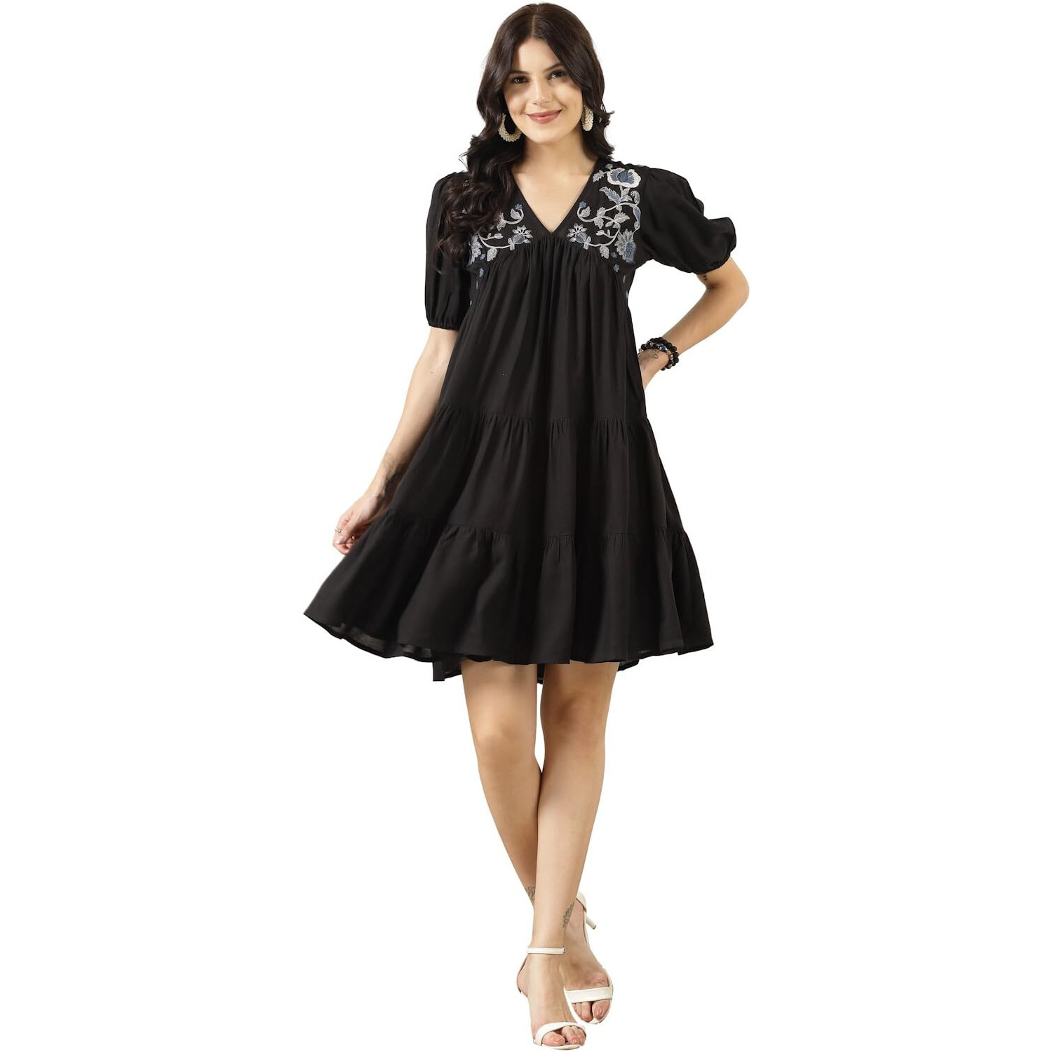 Stylum Women's Black Solid & Embroidered Rayon Flared Dress (Drsblacklimbo38_Black, M)