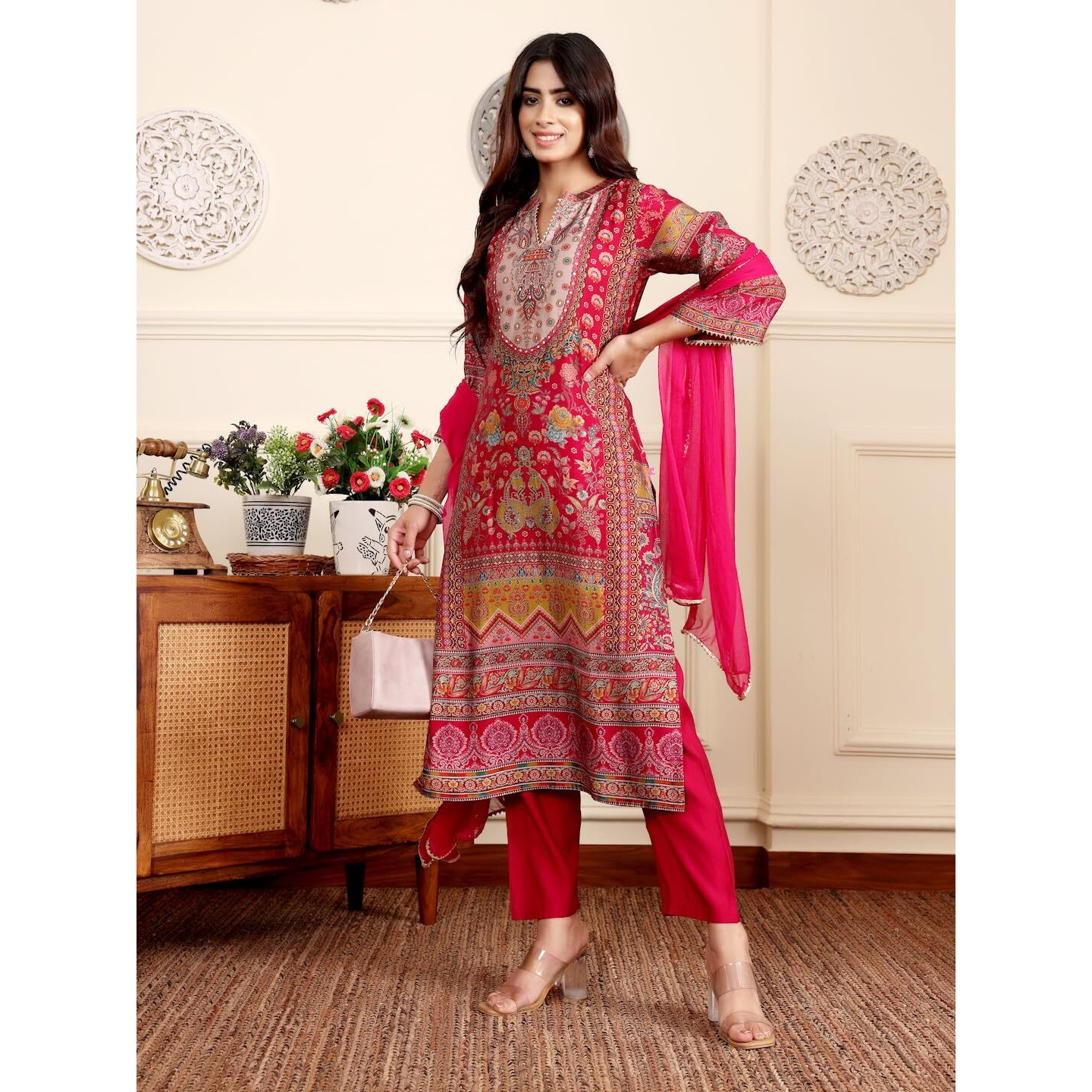 Varanga Women Pink Ethnic Floral Printed Gota Embellished Flared Sleeve Kurta With Solid Trouser & Dupatta  Stylish Ethnic Set (Vardup2209-M)