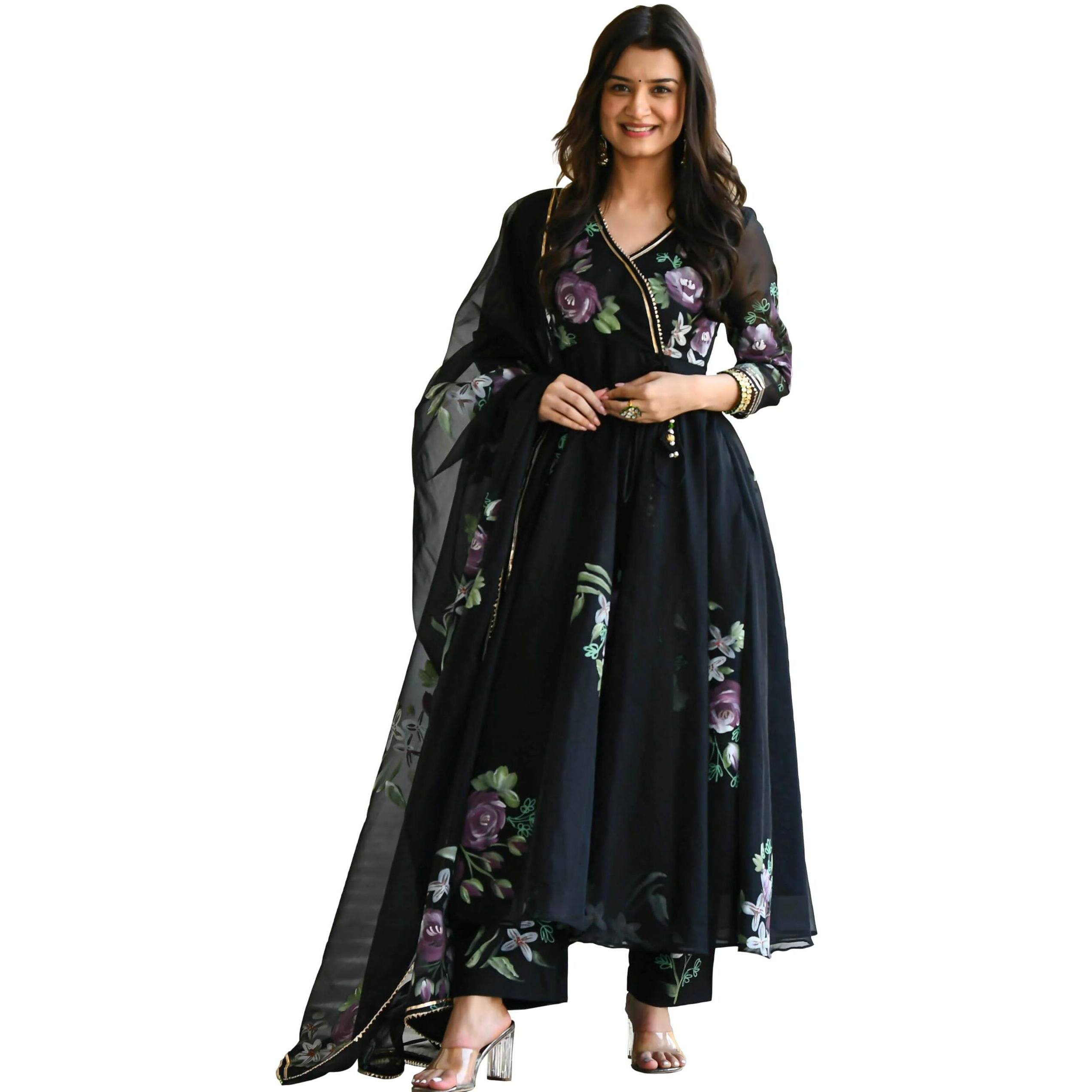 Sugathari Women's Black Georgette Anarkali Floral Printed Kurta With Pant & Dupatta (Dress 113 Black Xl)