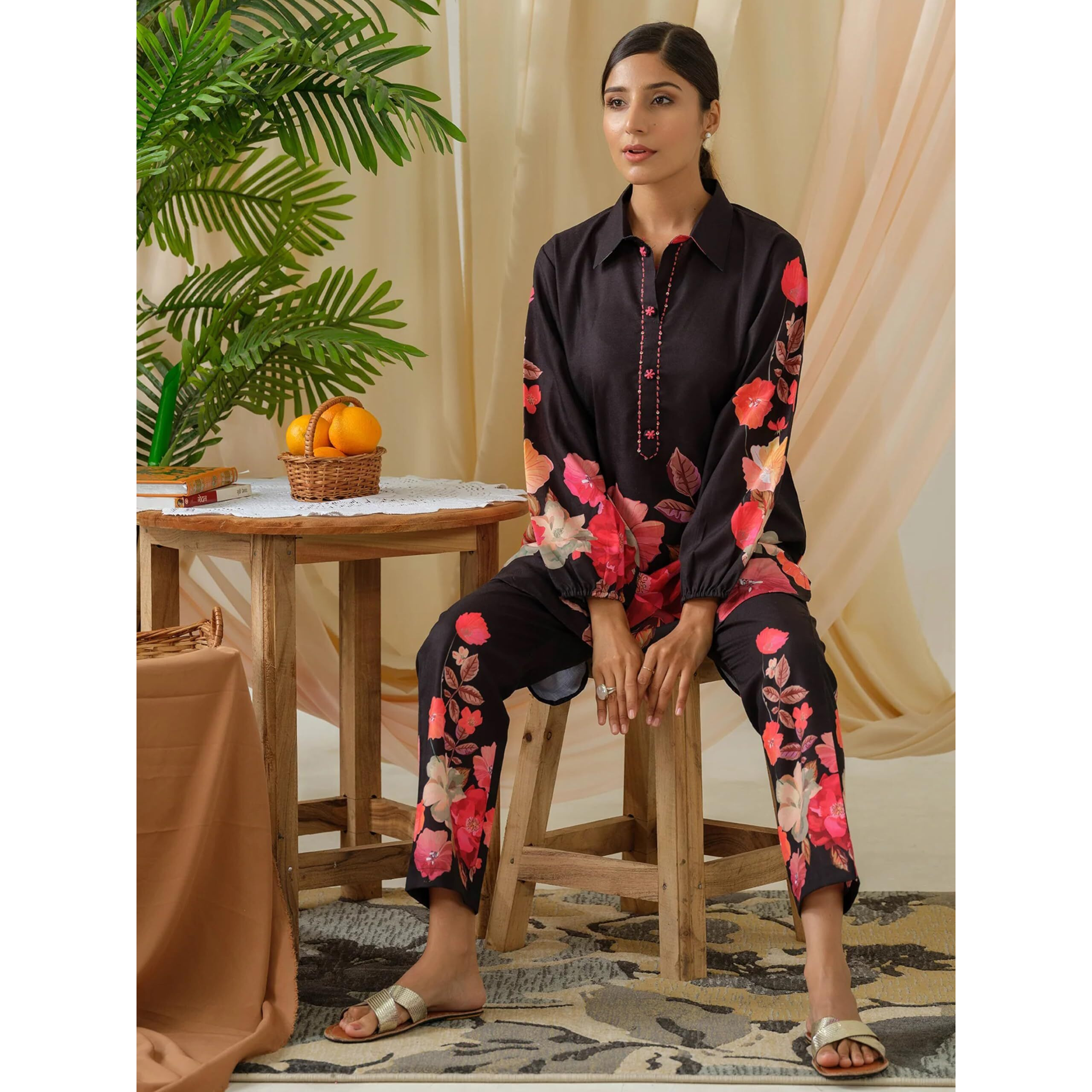 Sugathari Women's Dress Black V-Neck Co-Ods Set For Women (Co-Ods 97 Black S)