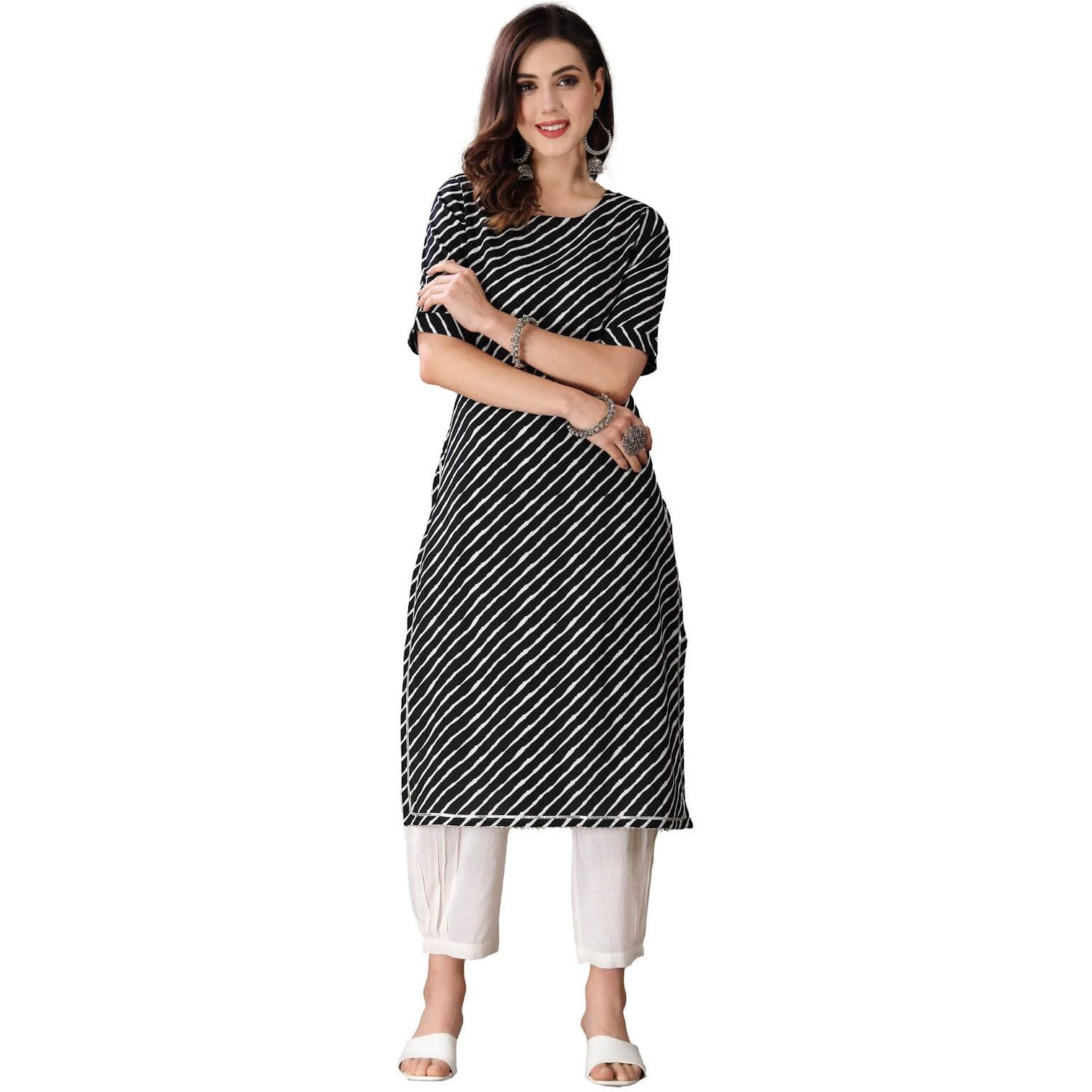 Stylum Women's Lehariya Printed Cotton Straight Kurta Pant Set (Kpramada44_Black, Xxl)