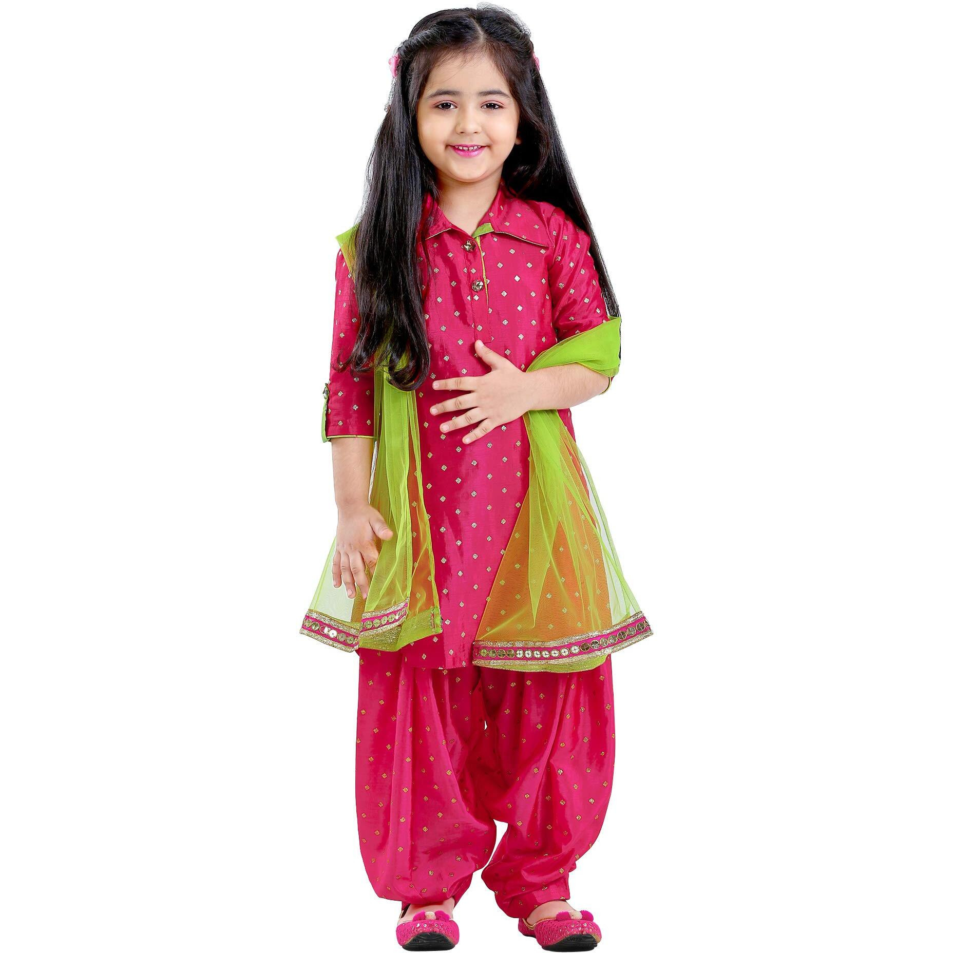 White Button Girl's Silk Blend Patiala Suit (Fuchsia Pink Salwar Suit-13-14 Years-Vc