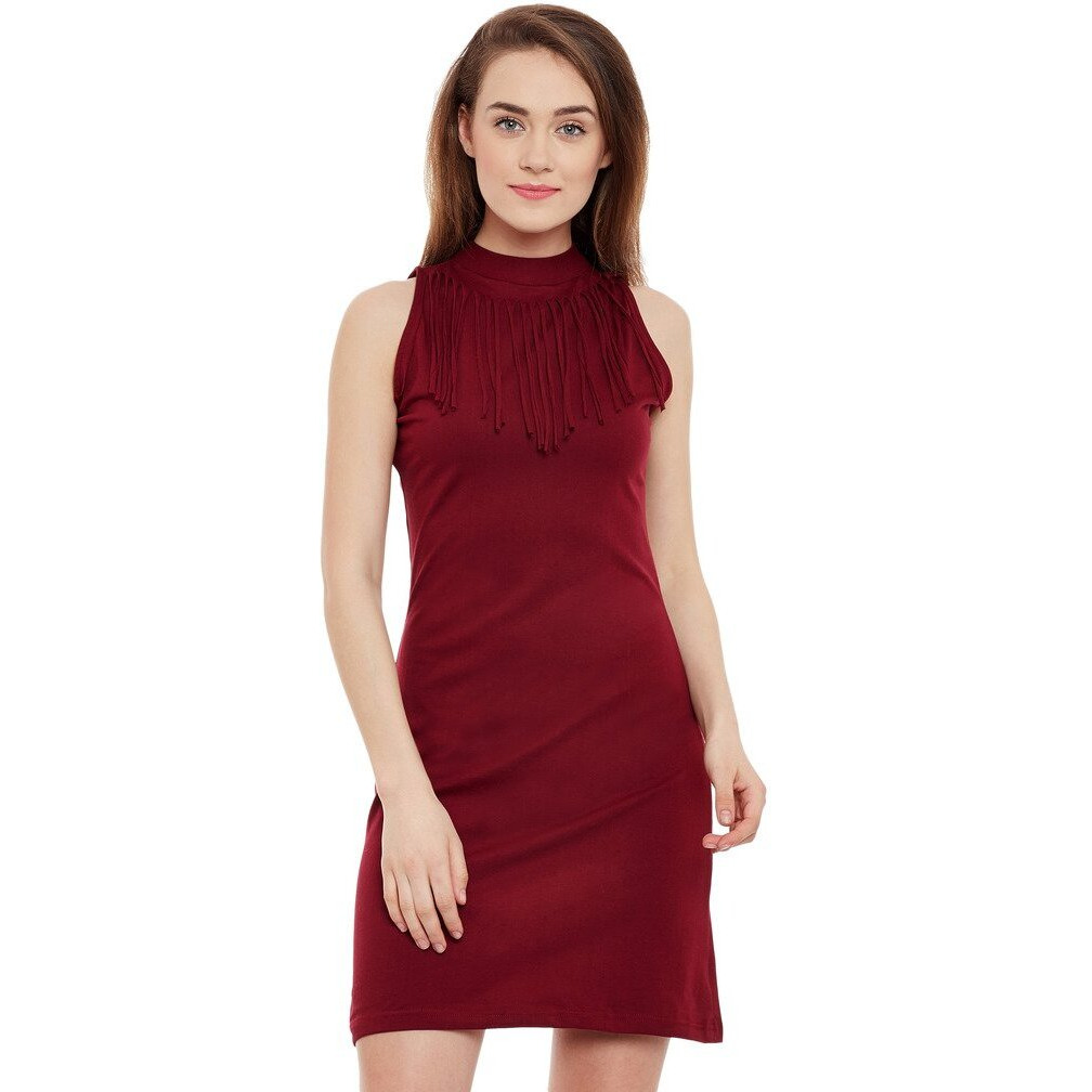 Miss Chase Women's Maroon Cotton Round Neck Sleeveless Solid Mini Bodycon Dress (Mcpw16D05-79-143-03, Maroon, Small)