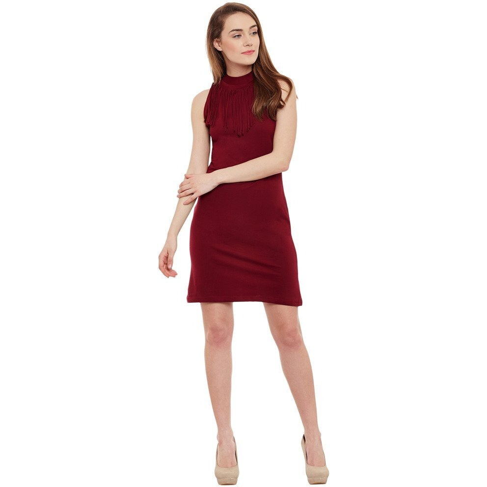 Miss Chase Women's Maroon Cotton Round Neck Sleeveless Solid Mini Bodycon Dress (Mcpw16D05-79-143-03, Maroon, Small)