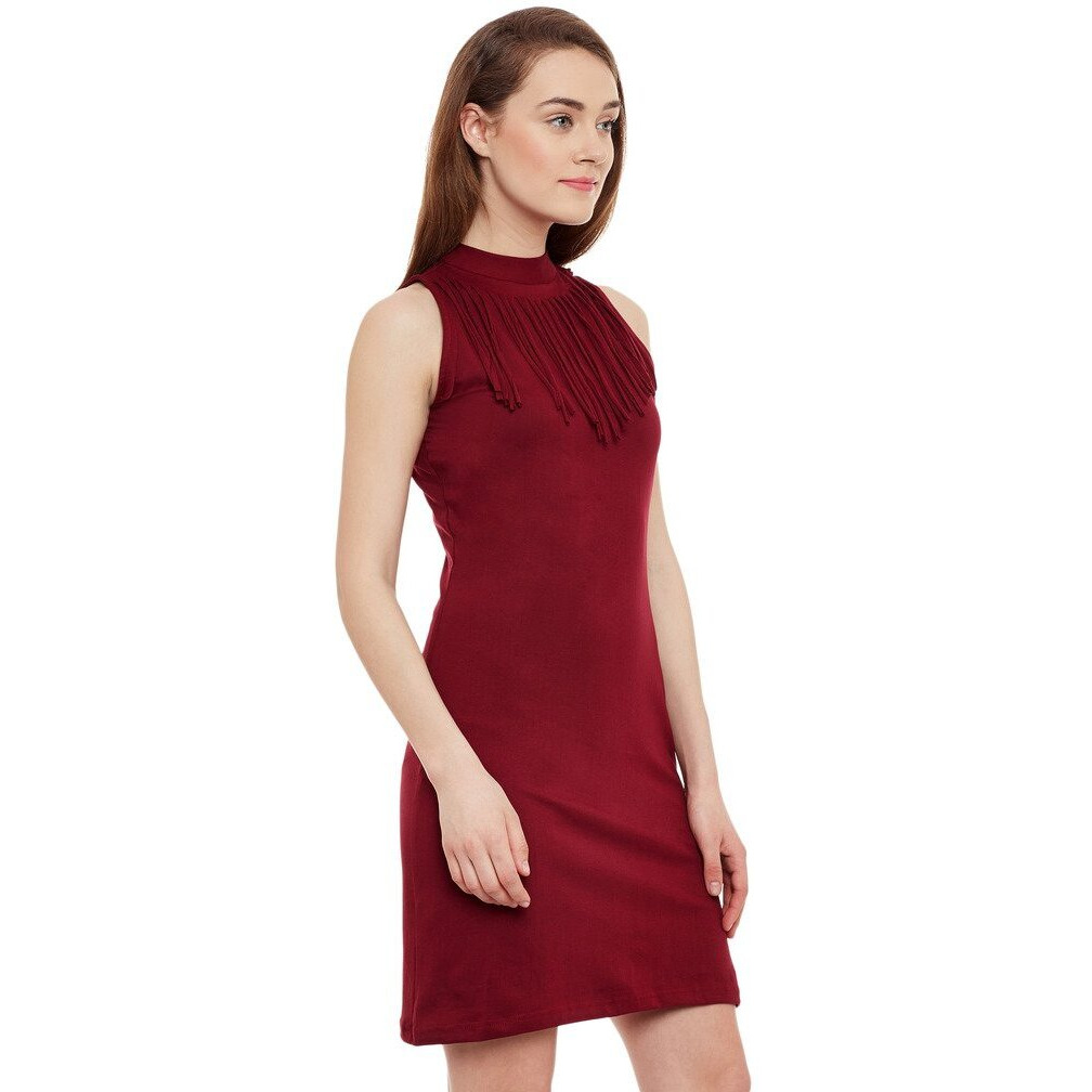 Miss Chase Women's Maroon Cotton Round Neck Sleeveless Solid Mini Bodycon Dress (Mcpw16D05-79-143-03, Maroon, Small)