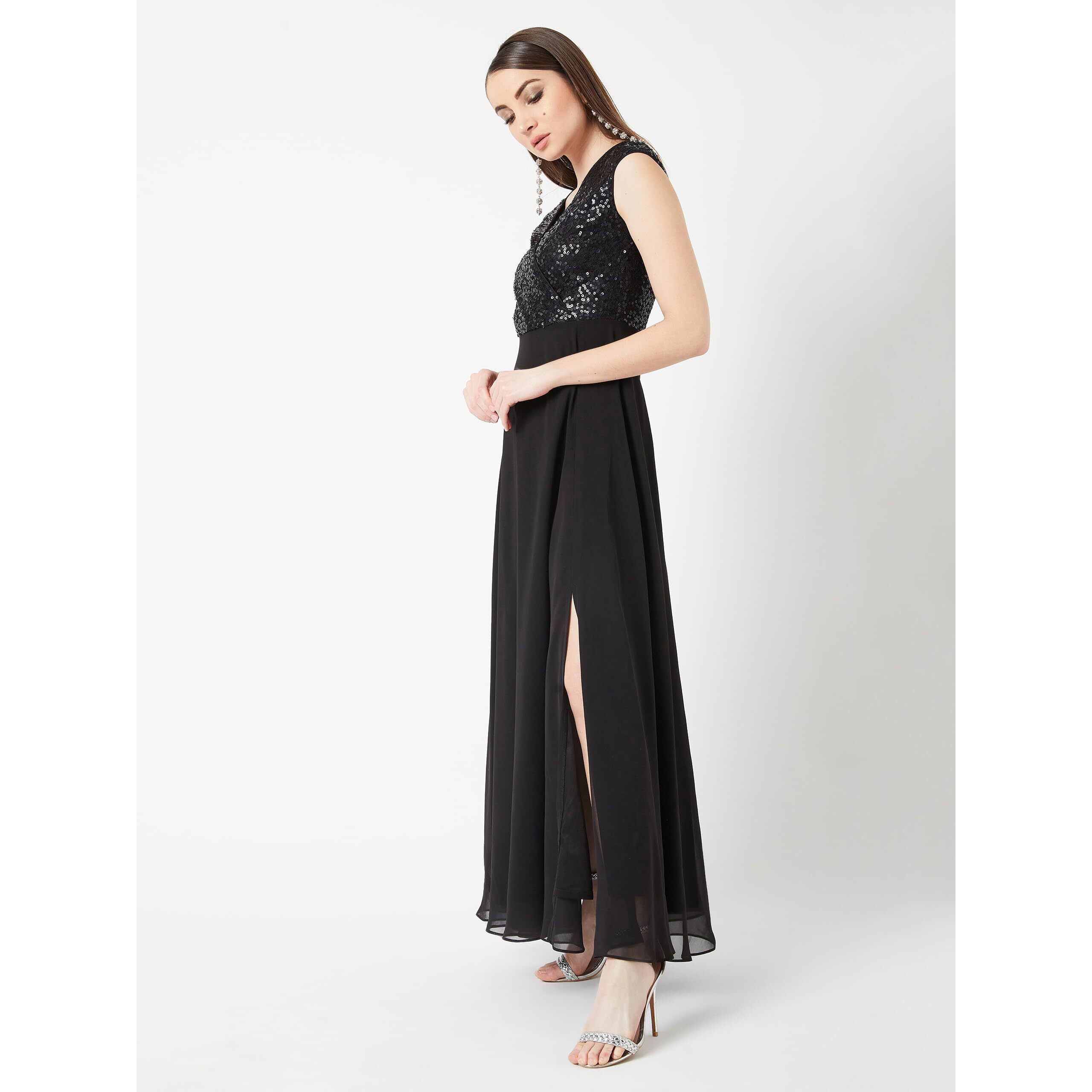 Miss Chase Women's Black V-Neck Cap Sleeved Solid Wrap Maxi Dress (Mcss20D06-10-62-07, Black, 2Xl)