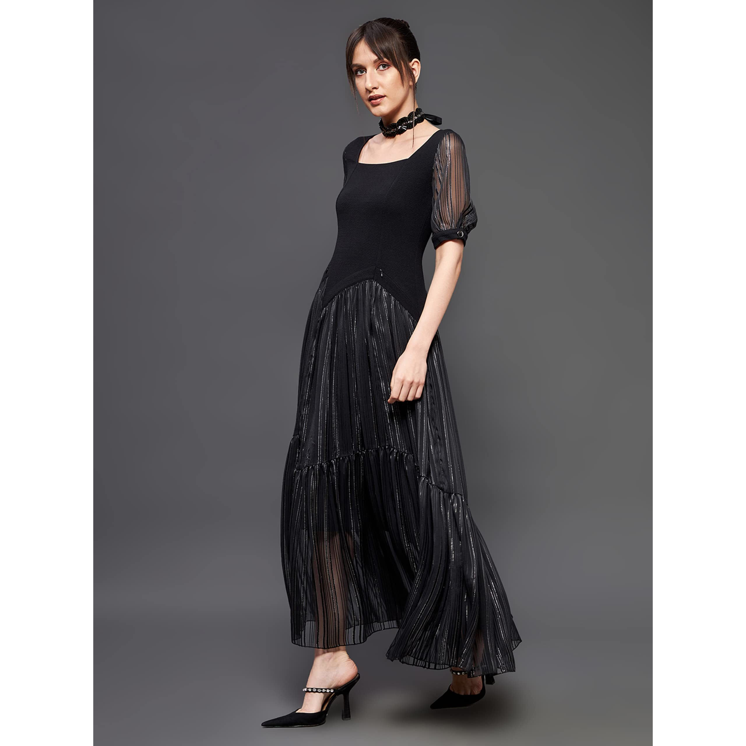 Miss Chase Women's Black Solid Square Neck Half Sleeve Polyester Asymmetric Ankle Length Dress (Mcss22D16-12-62-02, Black, Xs)