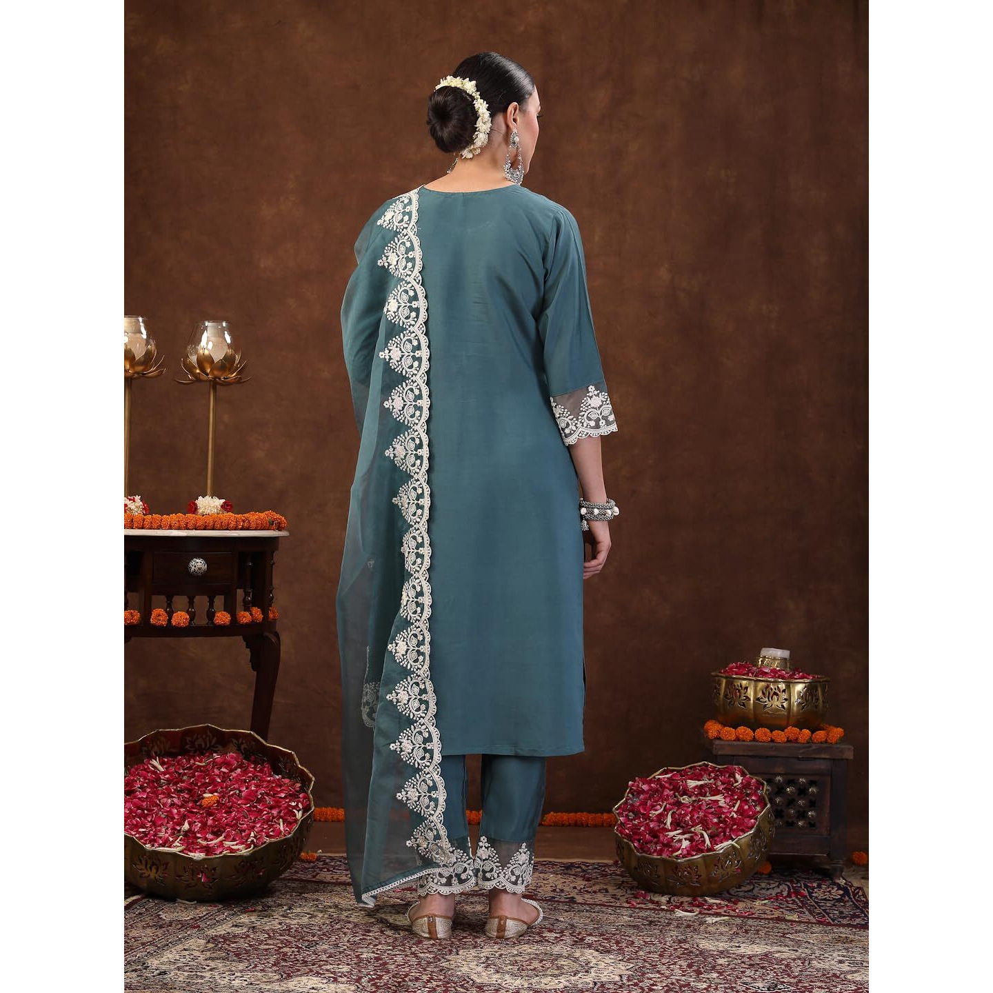 Stylum Women's Embroidered Silk Blend Straight Kurta Pant Dupatta Set (Kpdaquarajni40_Aqua, L)