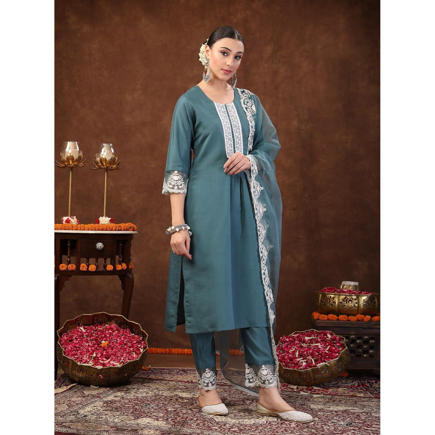 Stylum Women's Embroidered Silk Blend Straight Kurta Pant Dupatta Set (Kpdaquarajni40_Aqua, L)