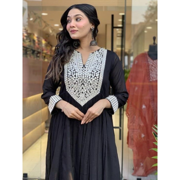 Nermosa Women Embroidery Kurta And Pant Set With Dupatta (In, Alpha, L, Black)