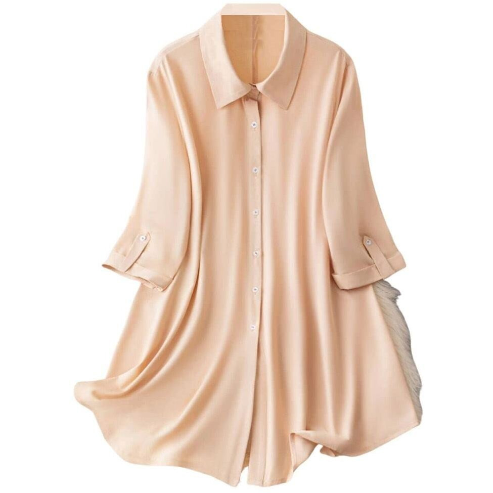 Om Sai Latest Creation Western Dress || Rayon Solid Button Front Shirt Dress For Women || Roll Tab Sleeve & Collared Neck Flared Dress || Office || Summer Short Dresses For Women. (Small, Peach)