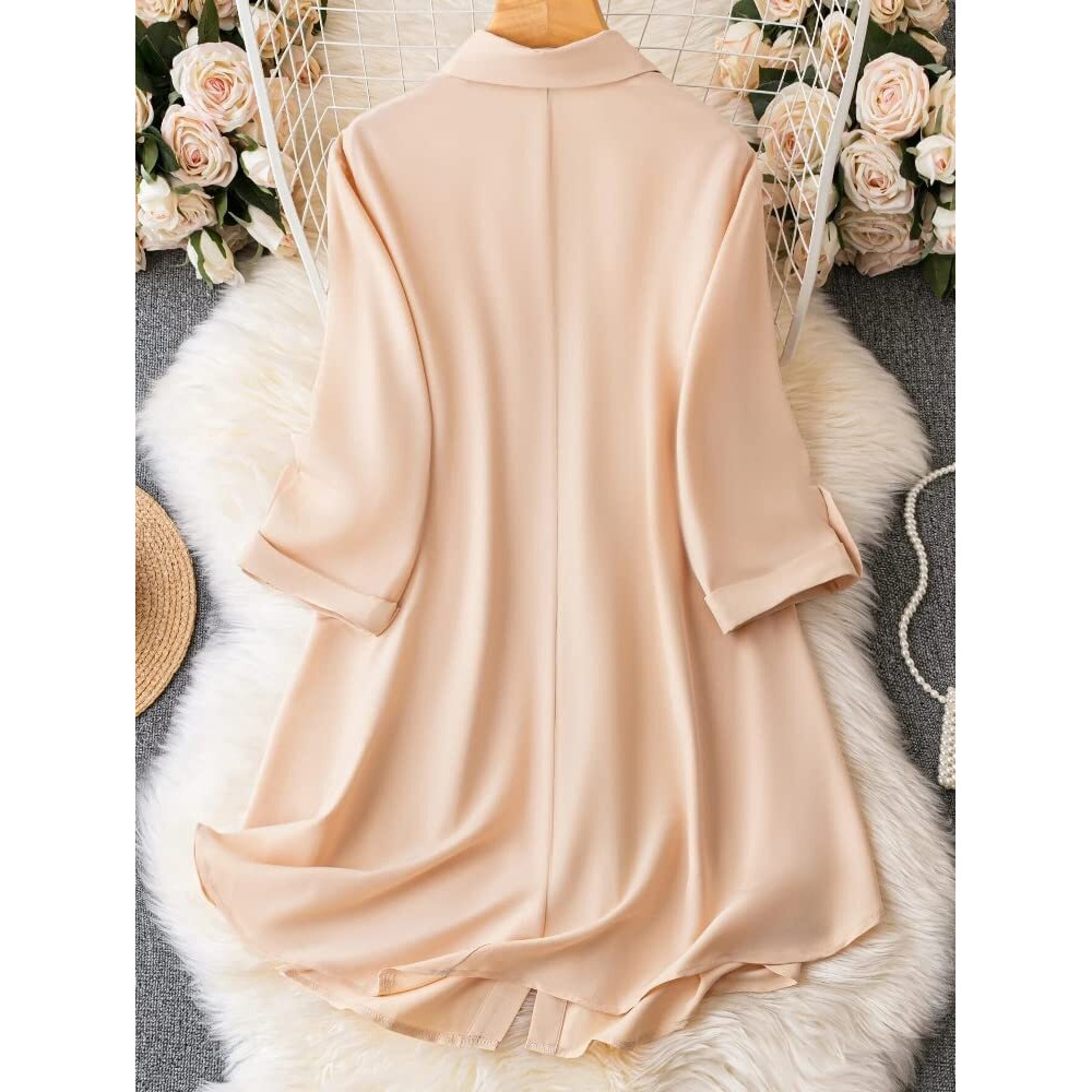 Om Sai Latest Creation Western Dress || Rayon Solid Button Front Shirt Dress For Women || Roll Tab Sleeve & Collared Neck Flared Dress || Office || Summer Short Dresses For Women. (Small, Peach)