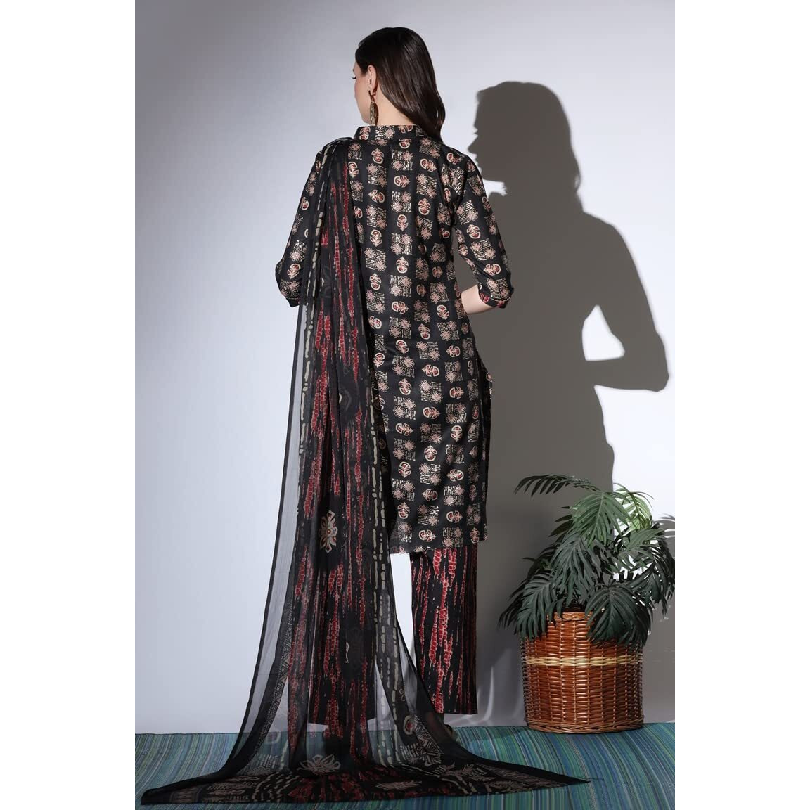 Om Sai Latest Creation Kurta For Women || Cotton Fully Stitched Floral Hand Block Printed Straight Kurtas For Girls || Stand Collar 'V' Neckline Kurta || Casual Kurtas For Women. (Large, Black)