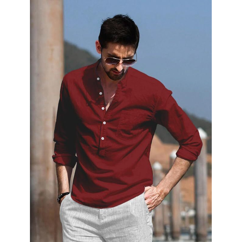 Be Active Men's Solid 100% Cotton Short Kurta With Mandarin Collar || Short Kurta For Men Cotton || Stylish Short Kurta || Short Kurta Men (Rf0003 8-L...) Maroon