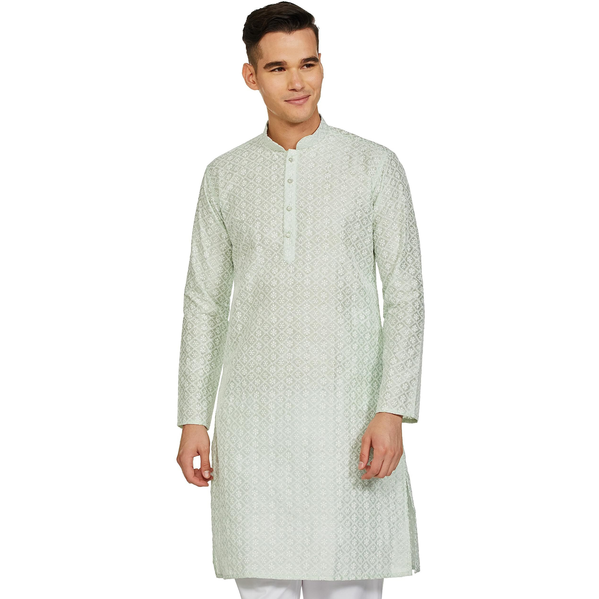 Be Active Men's Traditional Embroidered Lucknowi Full Sleeves Kurta || Cotton Kurta For Men || Men Kurta For Wedding || Kurta For Men (Rfsk0013-Kr 6 M) Mint Green