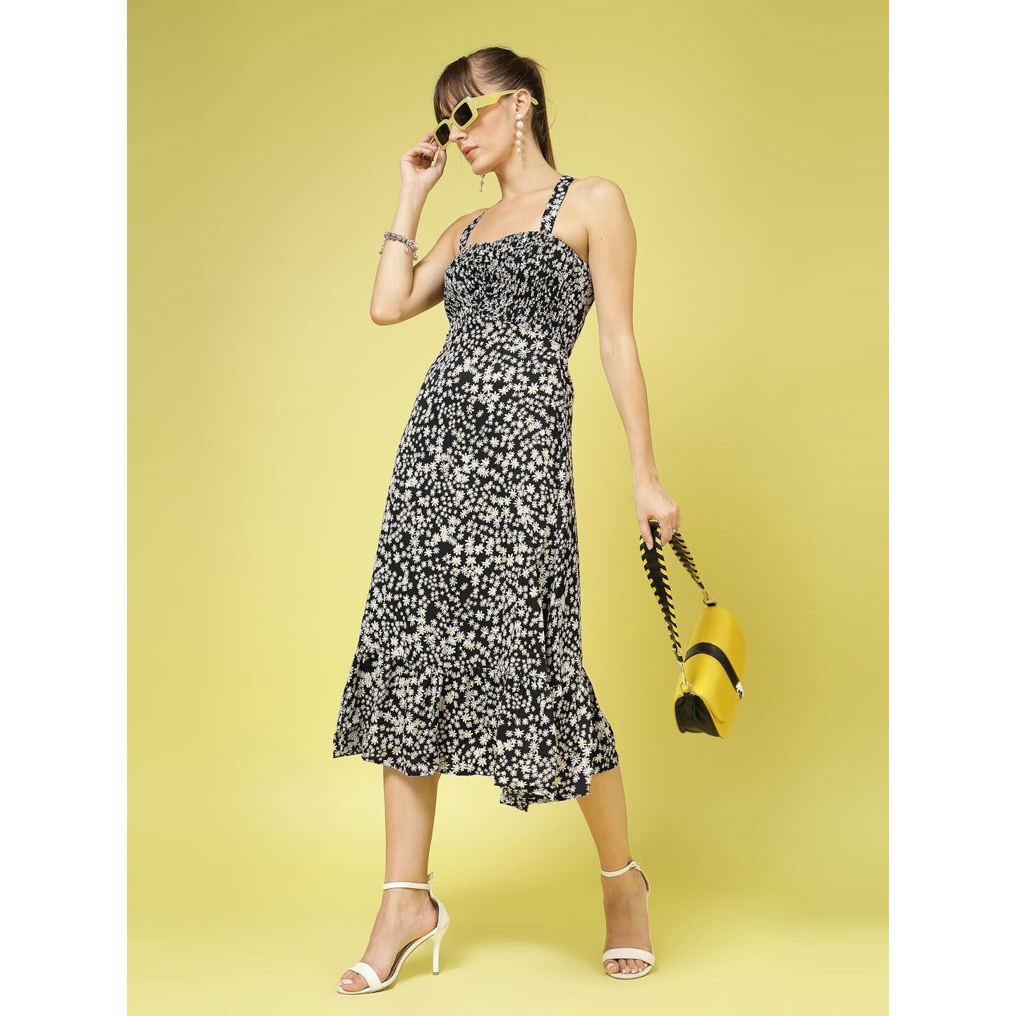 Oomph Women's Western & Fusion Wear Printed Crepe Dress For Women, Smocked Bodice, Black - Md1031