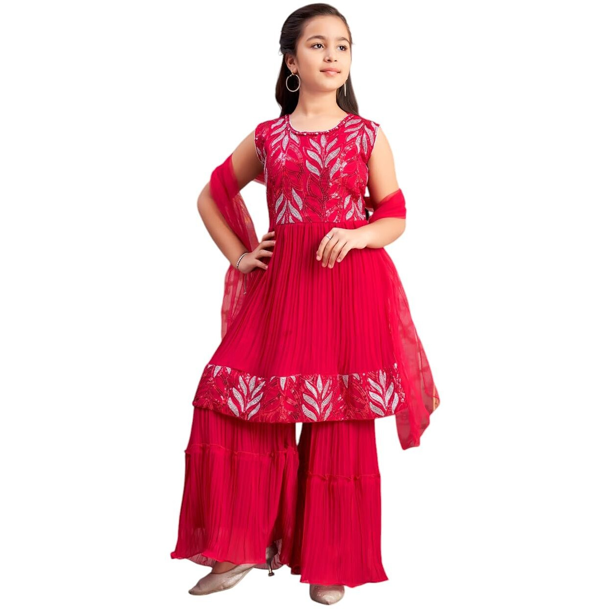 Aarika Girls Ethnic Wear Rani Colour Sequin Thread Embroidery Georgette Kurti Sharara Set (4-15 Years)