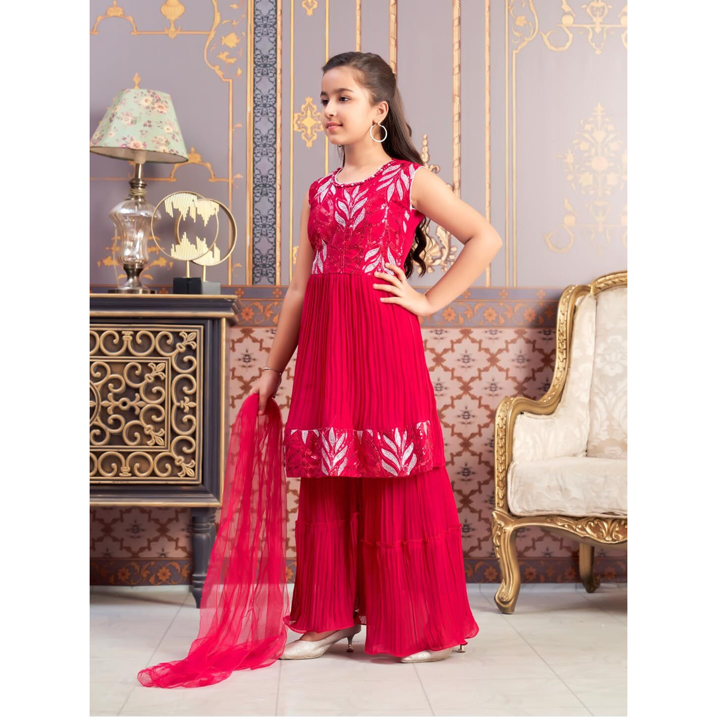 Aarika Girls Ethnic Wear Rani Colour Sequin Thread Embroidery Georgette Kurti Sharara Set (4-15 Years)