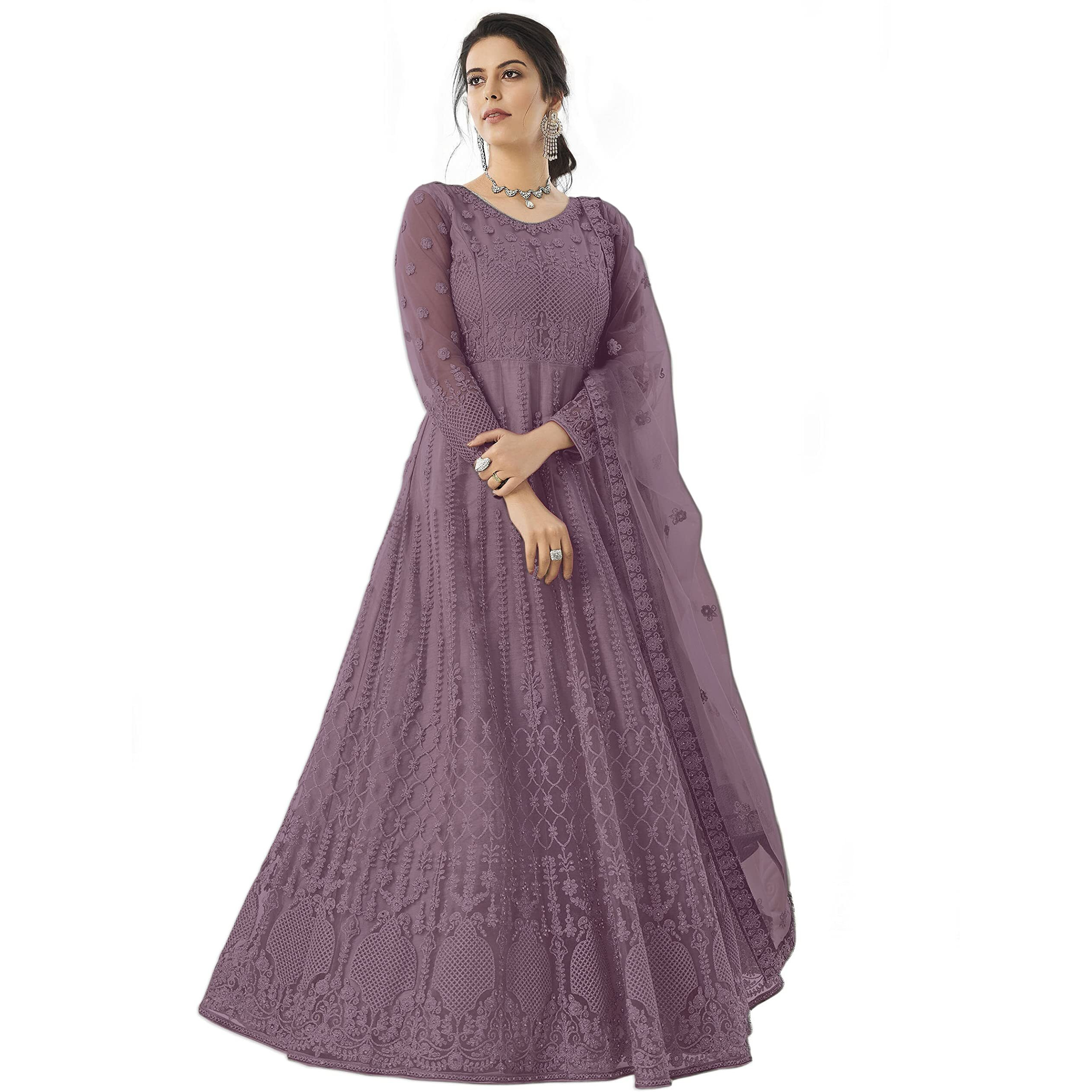 Patlani Women Long Wine Gown,Net With Ultra Satin Inner Ethnic Flared A Line Gown For Girl's/Women's Semi Stitched Gown (Wine)