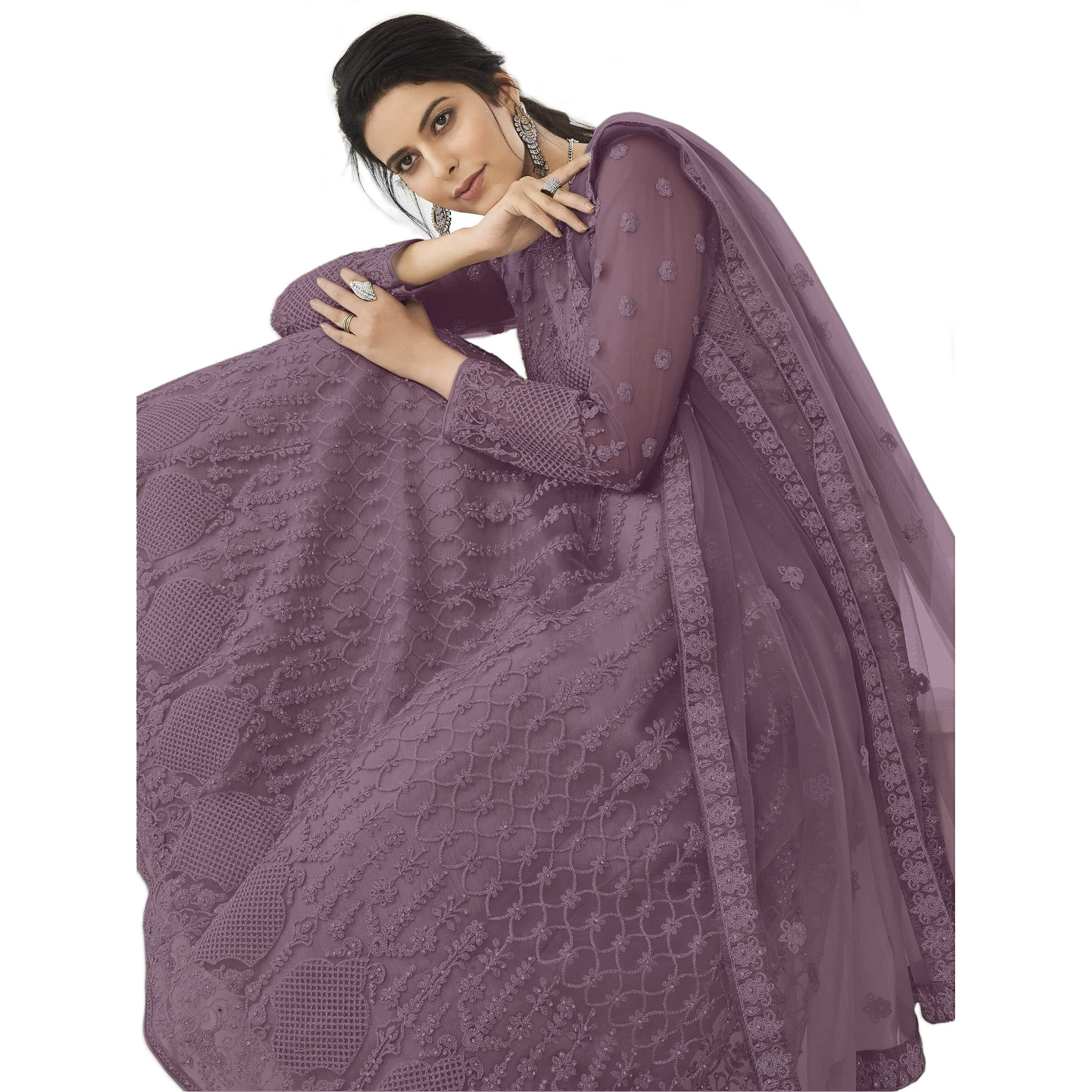 Patlani Women Long Wine Gown,Net With Ultra Satin Inner Ethnic Flared A Line Gown For Girl's/Women's Semi Stitched Gown (Wine)