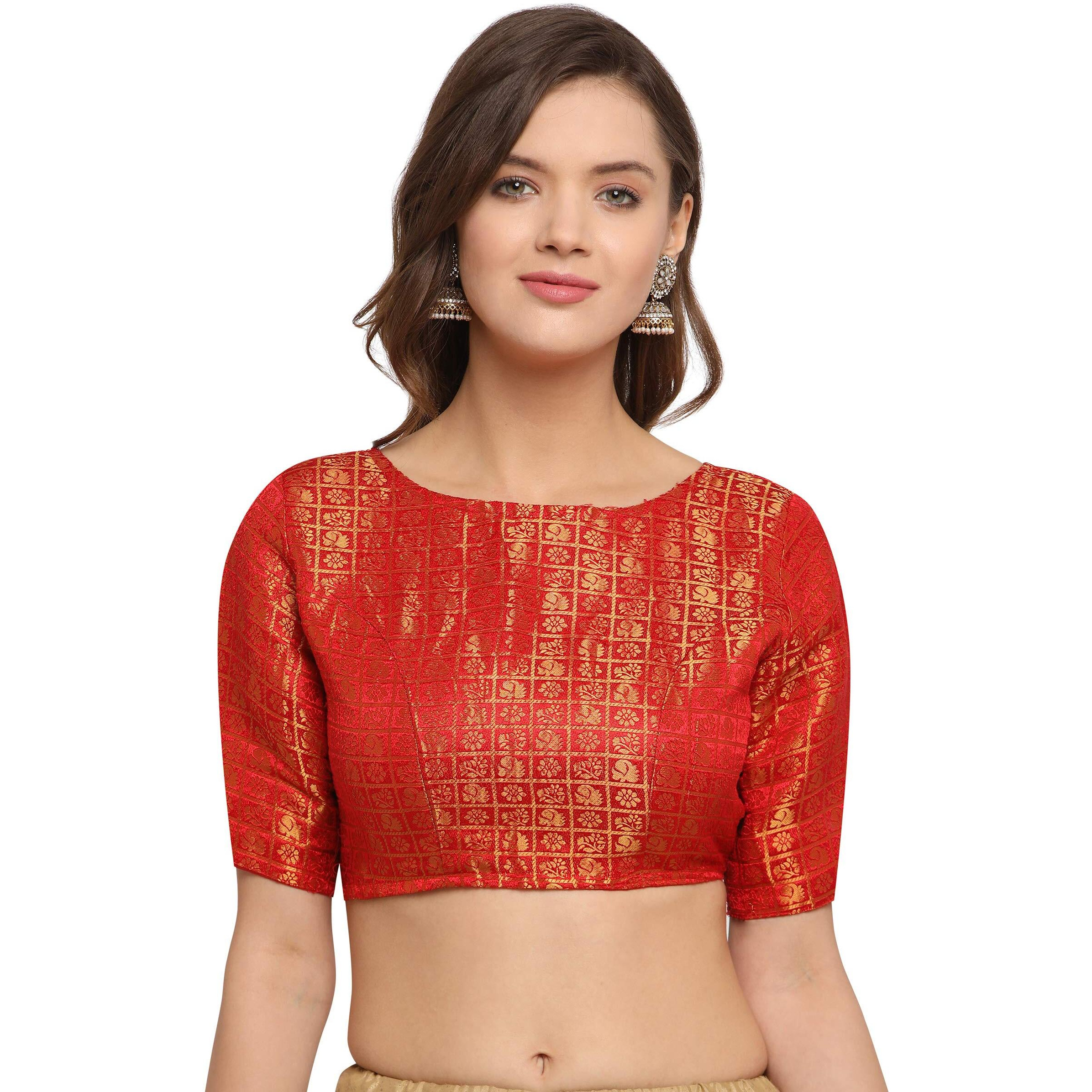 Oomph Women's Art Silk Floral Half Sleeve Saree Blouse (Rbbl18M_Scarlet Red_M)