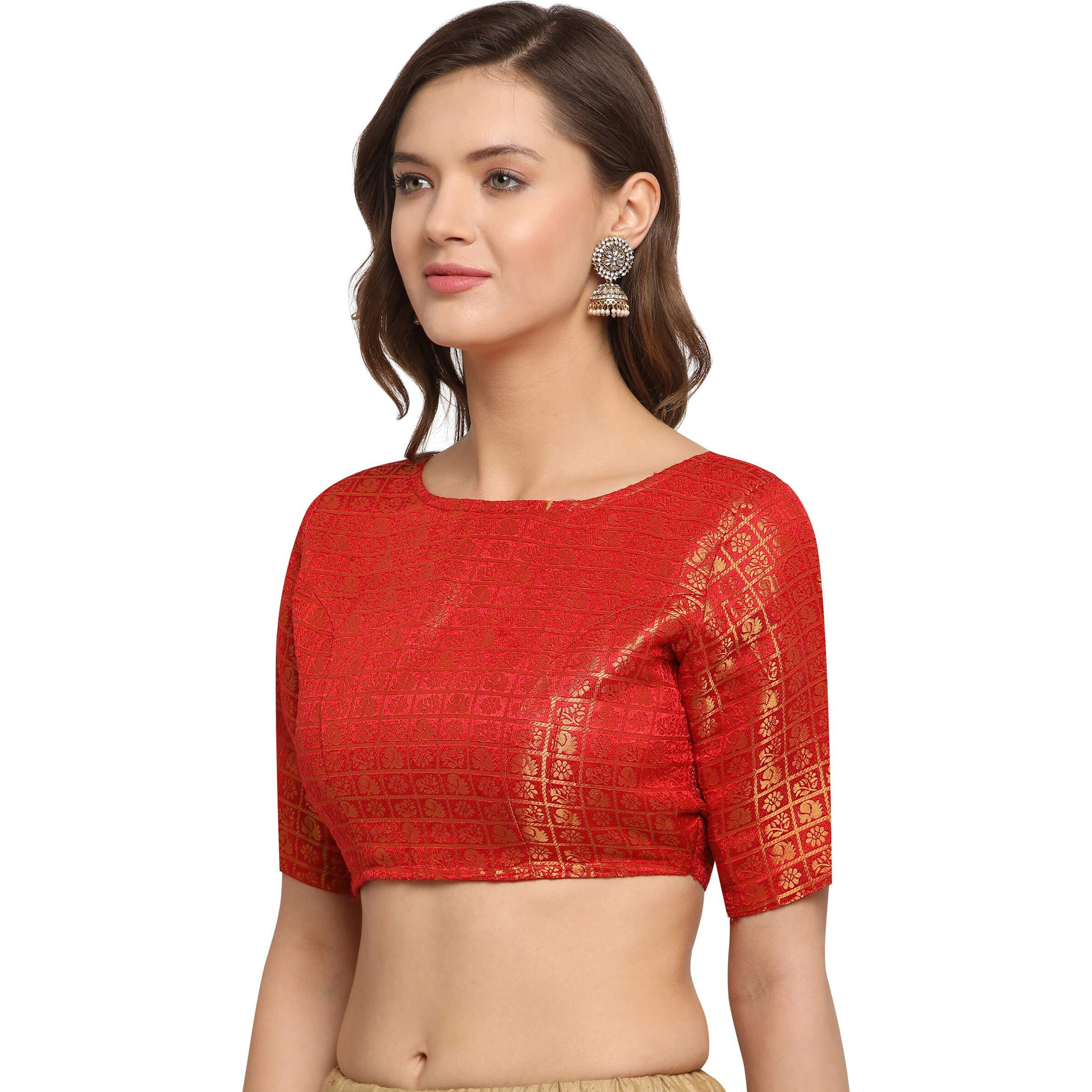 Oomph Women's Art Silk Floral Half Sleeve Saree Blouse (Rbbl18M_Scarlet Red_M)