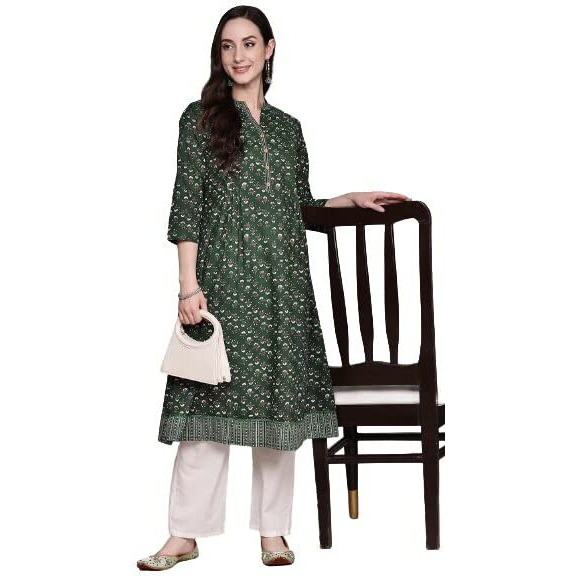 Anubhutee Women's Cotton Green Ethnic Motifs Printed A-Line Kurta