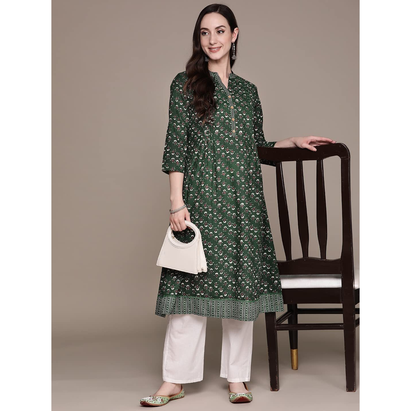 Anubhutee Women's Cotton Green Ethnic Motifs Printed A-Line Kurta