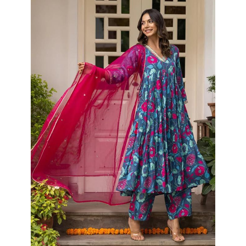 Pinkmint Women Cotton Blend Floral Printed Kurta With Pant & Dupatta