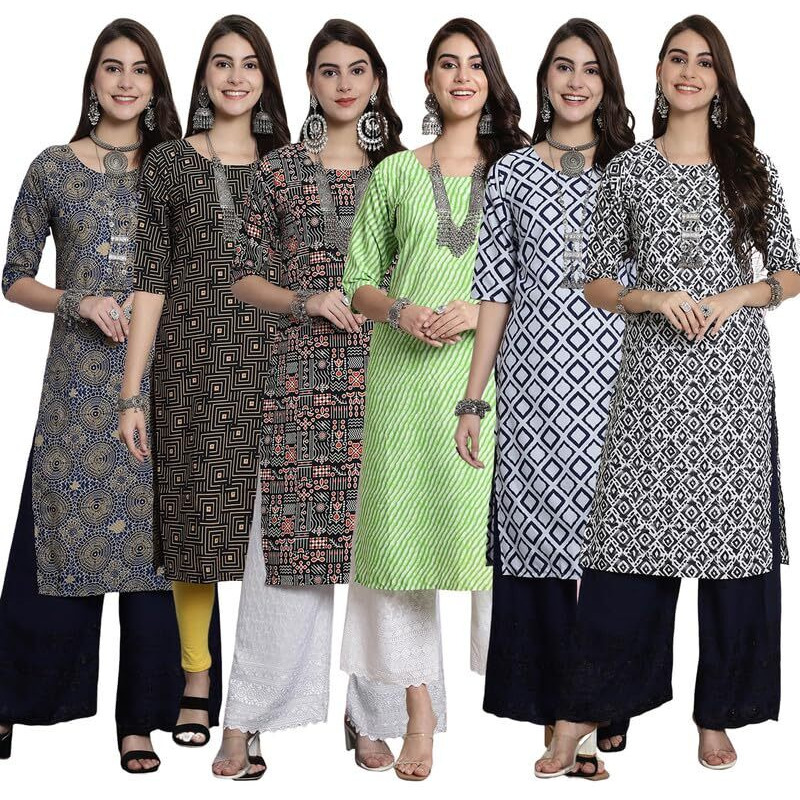 Pinkmint Festival Wear Printed Crepe Kurti's For Women's Ll Ethnic Kurti Ll Comfortable Kurti (Pack Of 6)