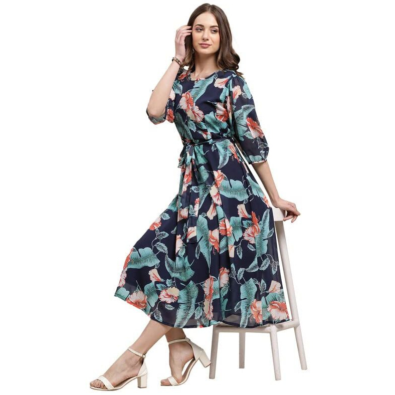 Preneum Women's Maxi Fit & Flare Latest Style Print Georgette Regular Sleeves Casual Summer Maxi Dress || Festival & Occasion, Navy Blue, M