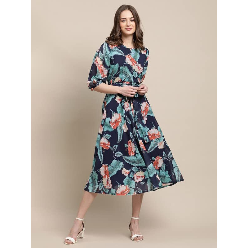 Preneum Women's Maxi Fit & Flare Latest Style Print Georgette Regular Sleeves Casual Summer Maxi Dress || Festival & Occasion, Navy Blue, M