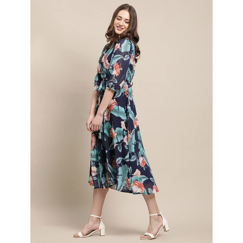 Preneum Women's Maxi Fit & Flare Latest Style Print Georgette Regular Sleeves Casual Summer Maxi Dress || Festival & Occasion, Navy Blue, M