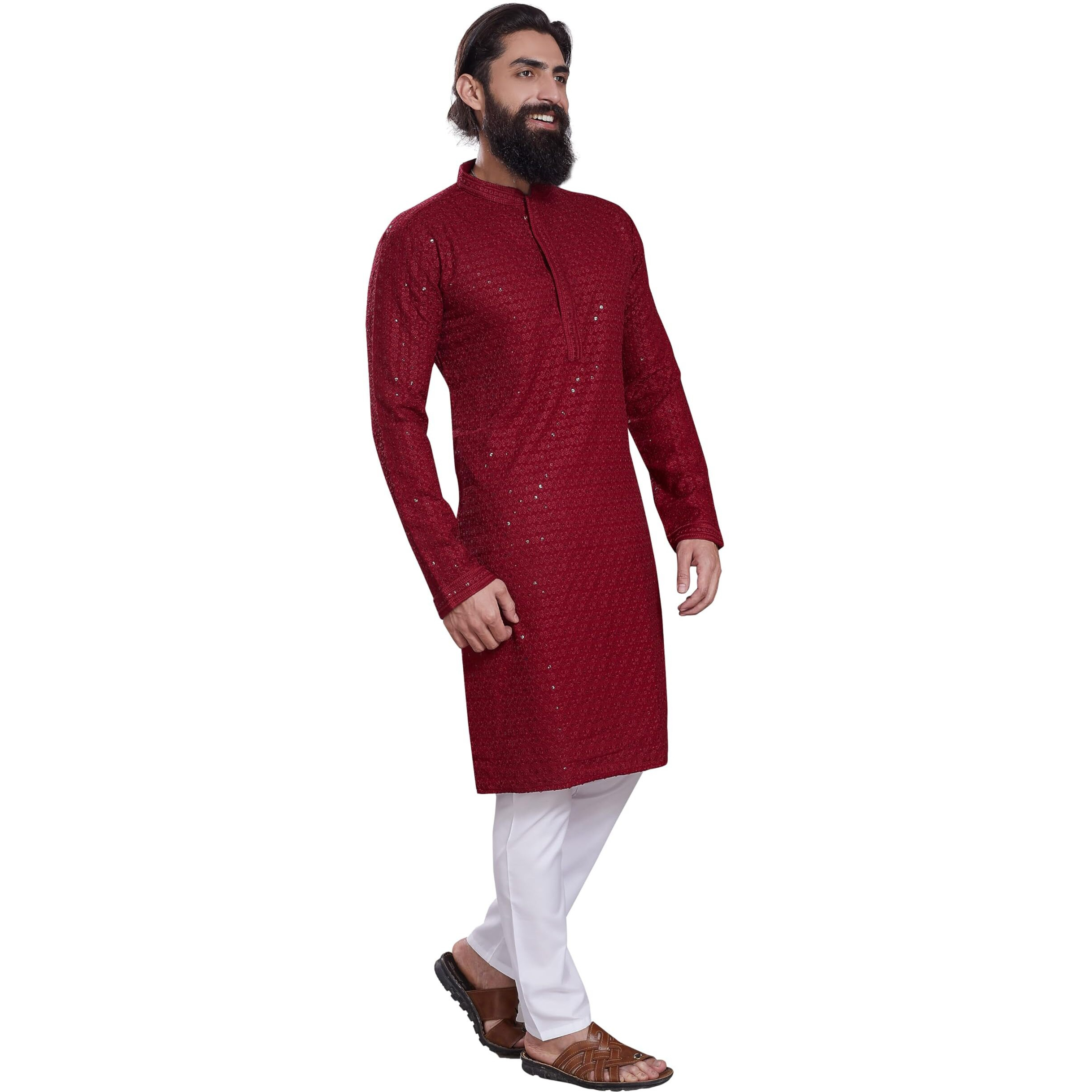 Divisive Men's Sequince Embroidered Cotton Blend Only Slim Fit Kurta (Dkrt221_Xl_Maroon)