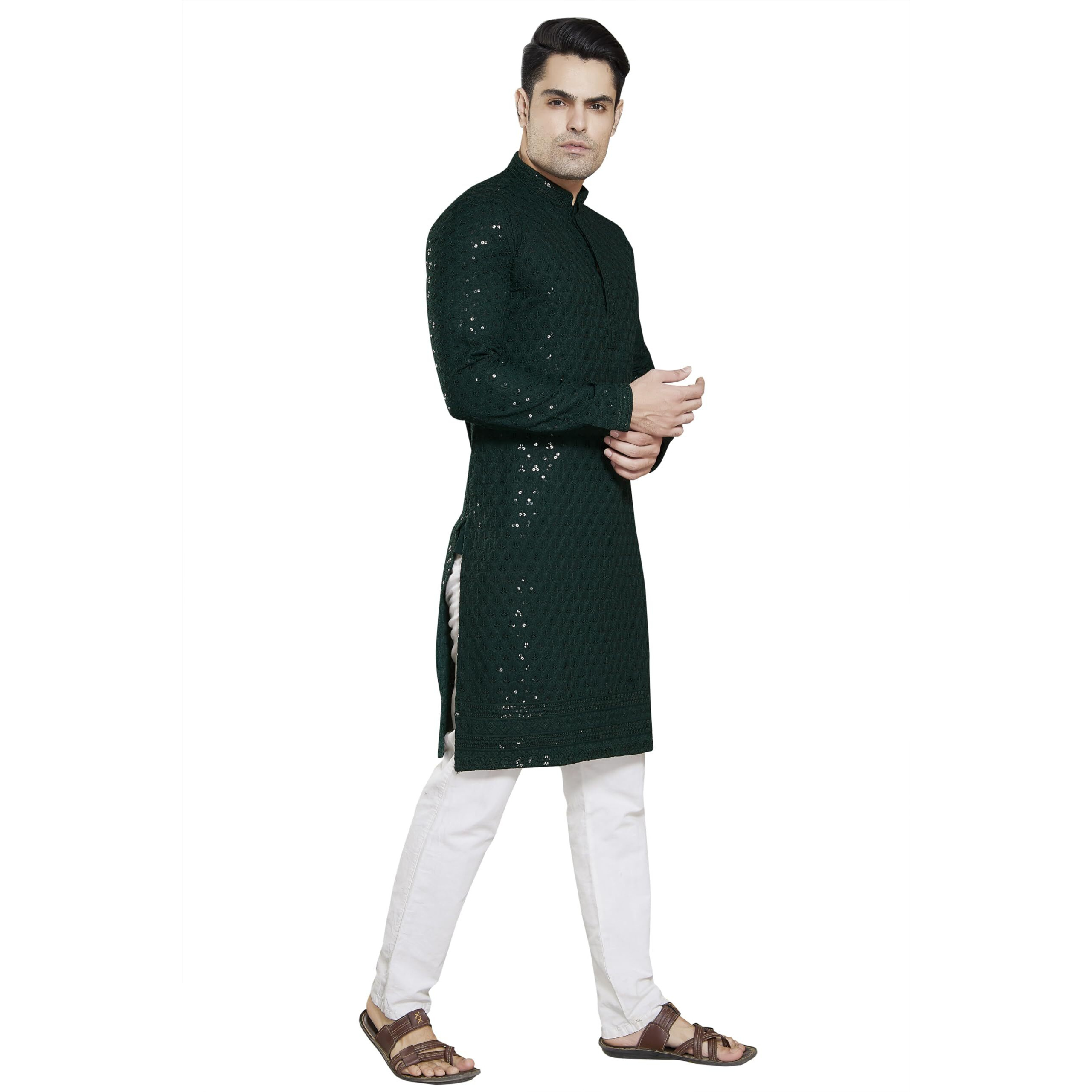 Divisive Men's Sequince Embroidered Cotton Blend Only Kurta (Dkrt10_Xxxl_Bottle Green)