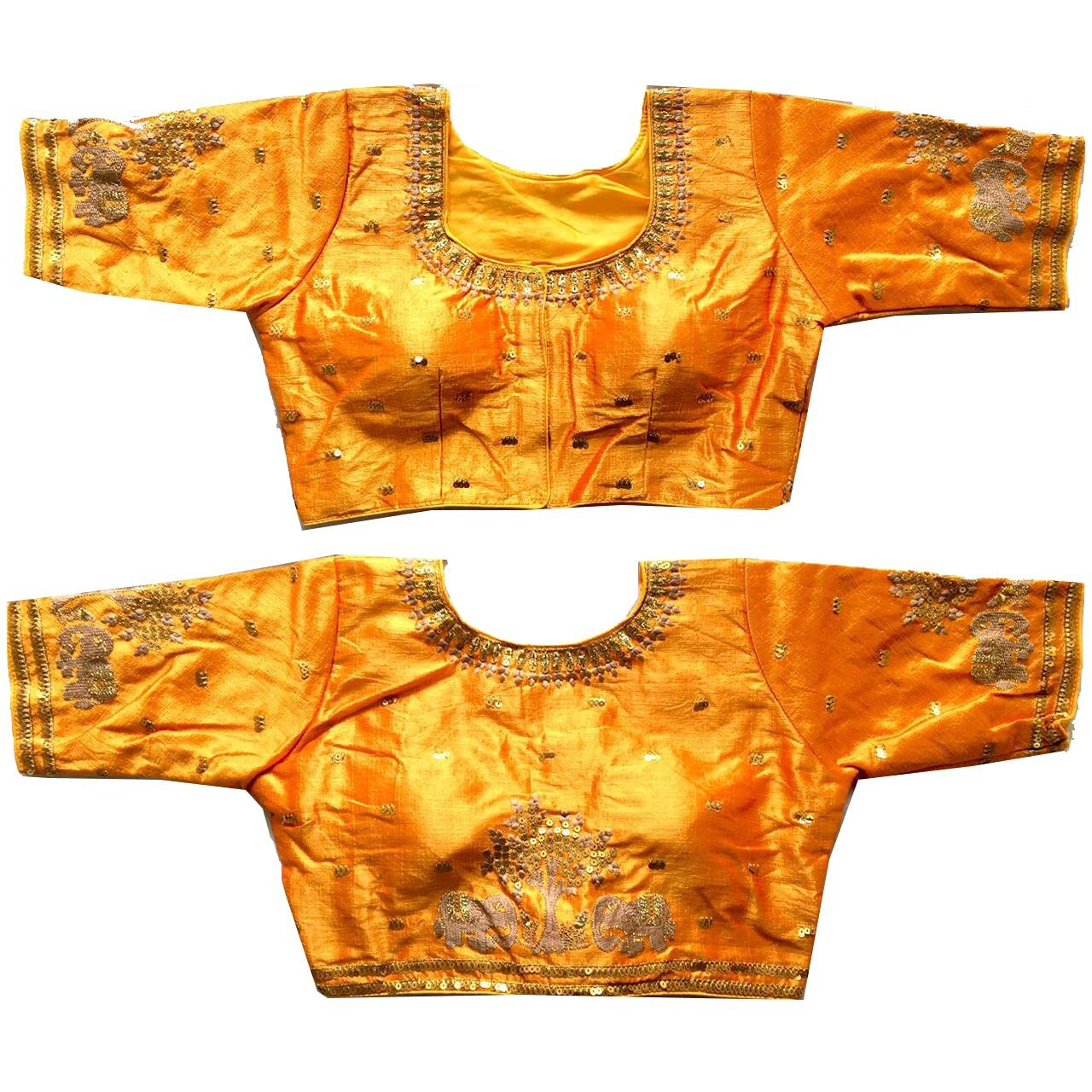Pujia Mills Women's Multicolor Phantom Silk Heavy Elephant Gold Thread Embroidery Sequins Zari Work Half Sleeves Readymade Saree Blouse (38 Size +Margin)