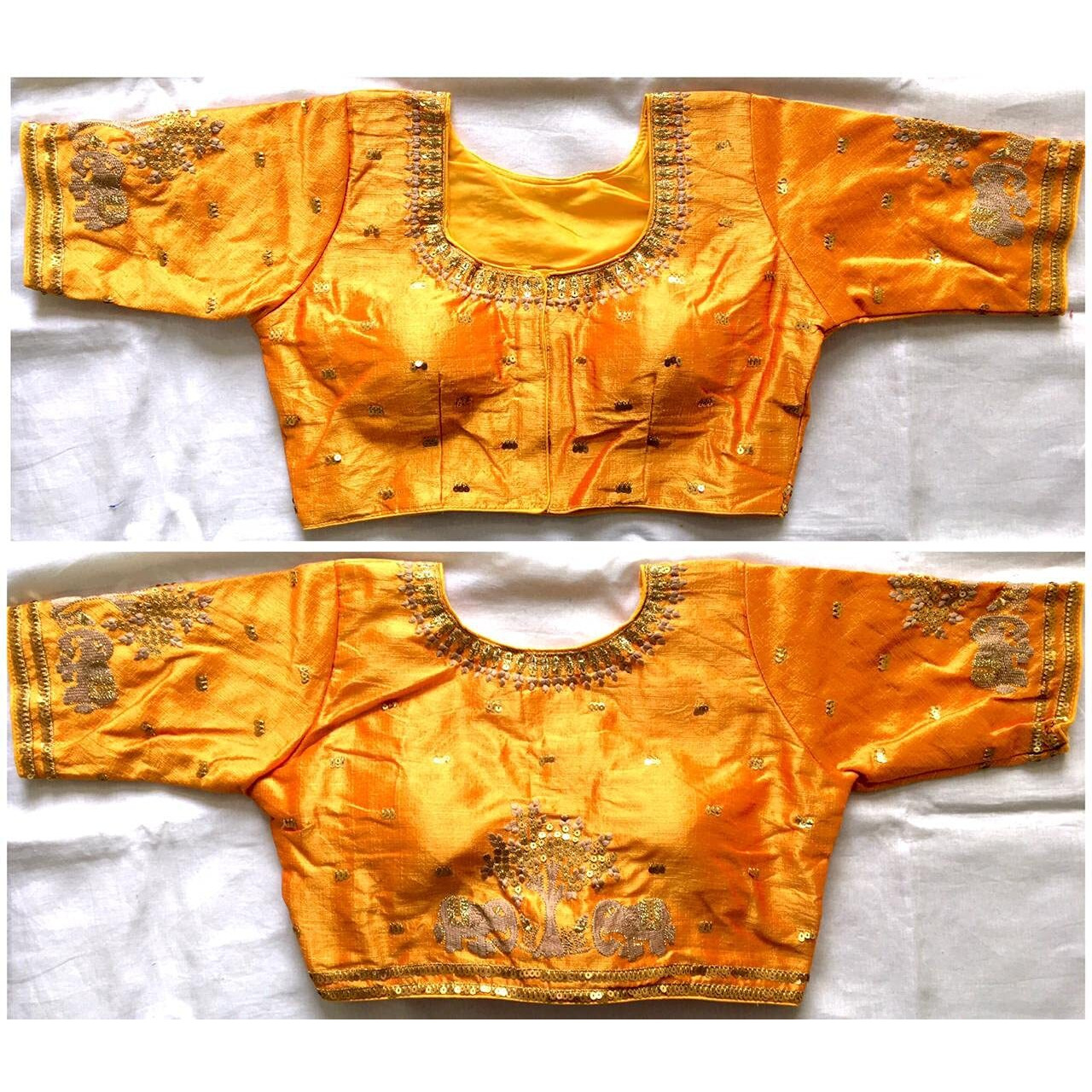 Pujia Mills Women's Multicolor Phantom Silk Heavy Elephant Gold Thread Embroidery Sequins Zari Work Half Sleeves Readymade Saree Blouse (38 Size +Margin)