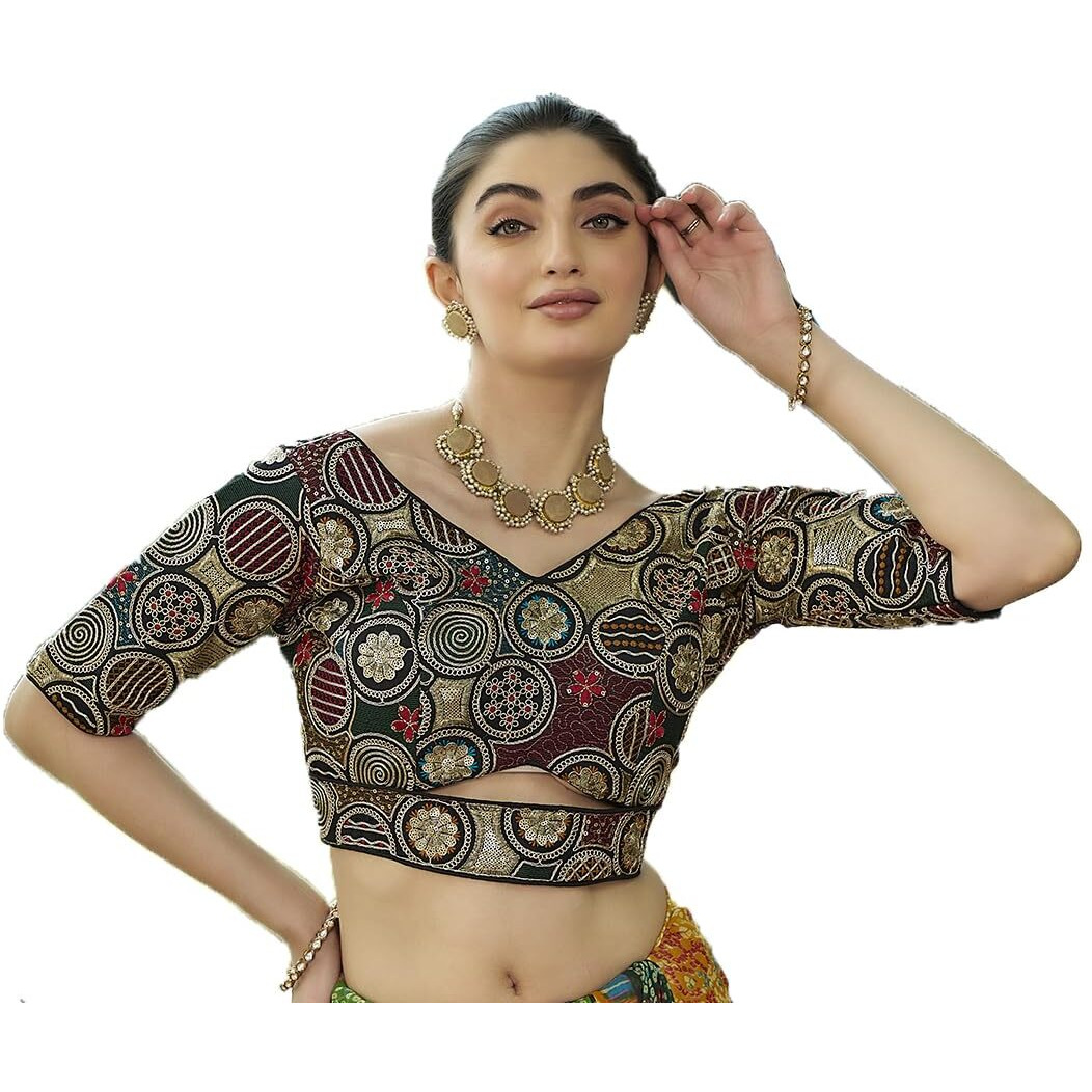 Pujia Mills Women's Blouse Readymade Embroidery Multicoding Gold Thread And Multicolor Dhaga Work Handwork Readymade Saree Blouse For Women For Saree And Lehenga Choli (A2420 Parent) (Black, 34)