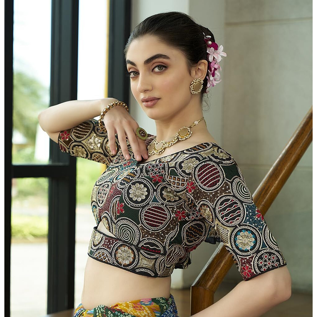 Pujia Mills Women's Blouse Readymade Embroidery Multicoding Gold Thread And Multicolor Dhaga Work Handwork Readymade Saree Blouse For Women For Saree And Lehenga Choli (A2420 Parent) (Black, 34)