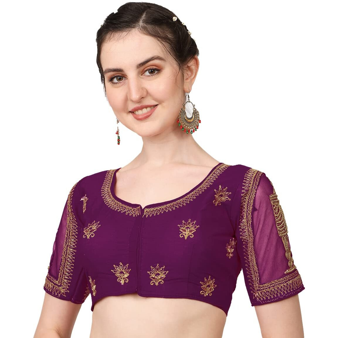 Pujia Mills Women's Multicolor Temple Embroidery Net Back Sequence Khatli Work Sleeves Design Phantom Silk Readymade Saree Blouse (Temple Blouse_Violet_38 Size+Margin)