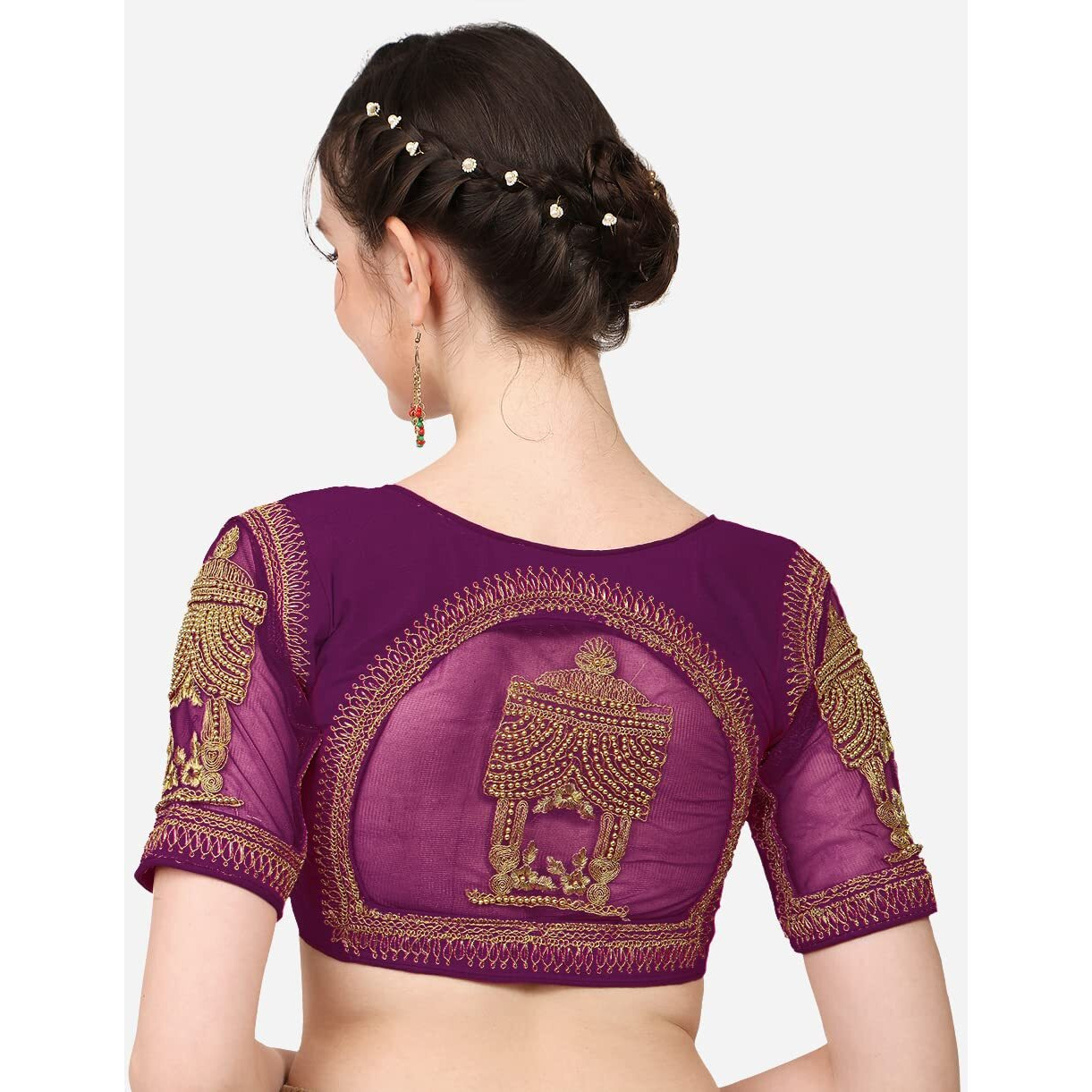 Pujia Mills Women's Multicolor Temple Embroidery Net Back Sequence Khatli Work Sleeves Design Phantom Silk Readymade Saree Blouse (Temple Blouse_Violet_38 Size+Margin)