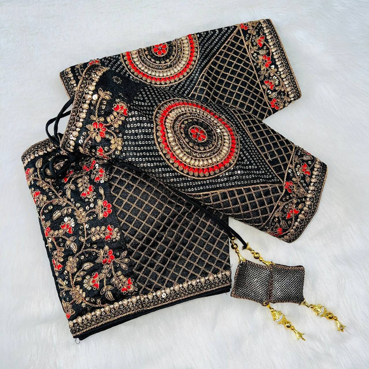 Pujia Mills Women's Copper Zari Milan Silk Multi Codding Embroidery With Sequins Half Sleeve Black Fancy Blouse 42